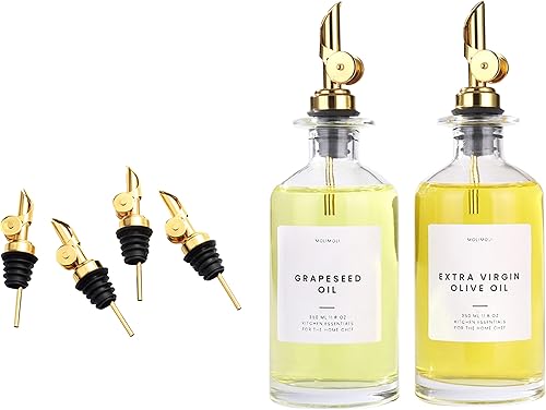 Molimoli Dispensador de aceite de oliva para cocina, dispensador de botellas de vidrio para cocina, vertedores de acero inoxidable con peso,