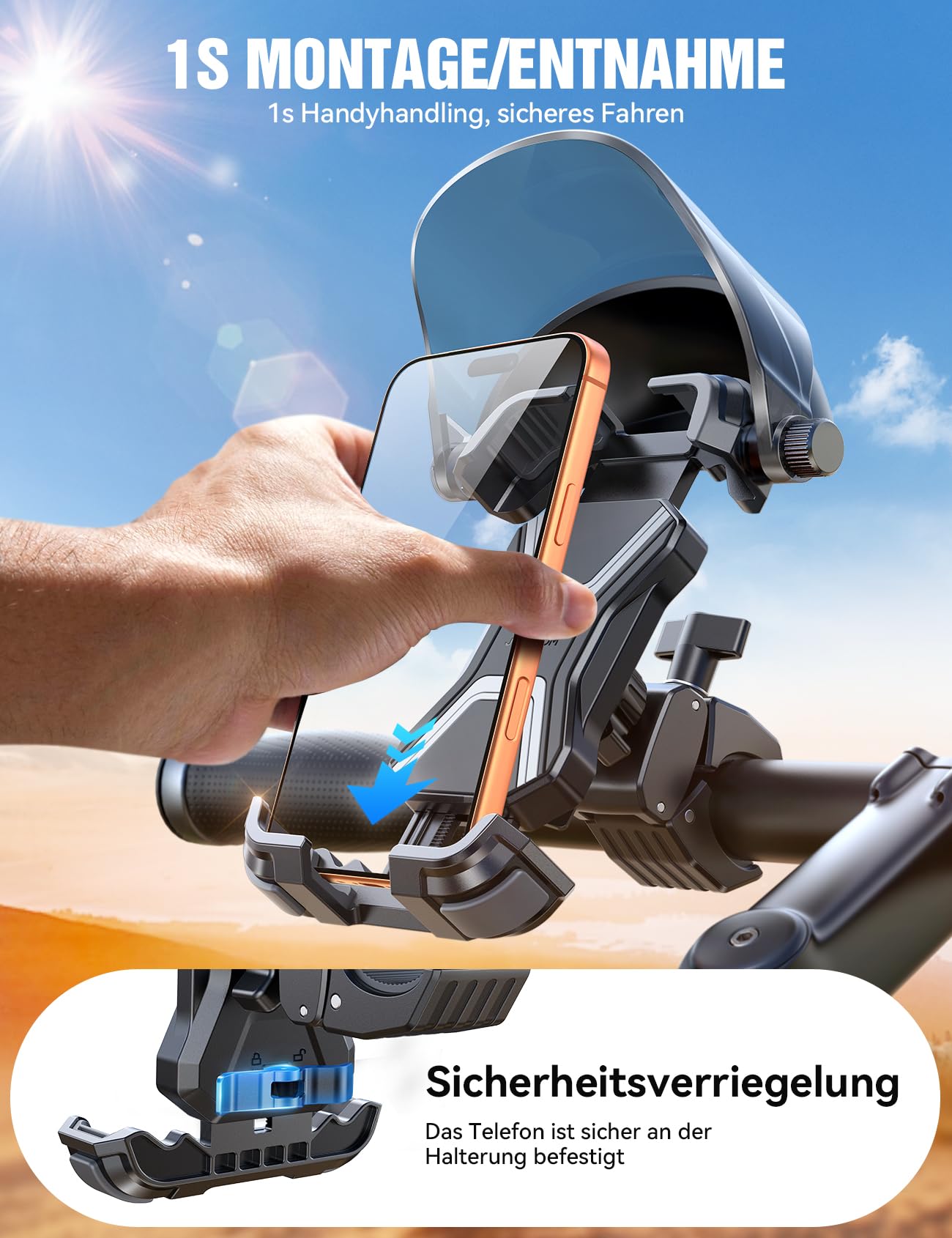 2026 JOYROOM Handyhalterung Fahrrad mit Sonnenblende, Handyhalter Motorrad Anti-Reflex, 1S-Montage, Universal Handy Halterung Fahrradlenker Kompatibel mit iPhone 17/16 und Samsung S26 (4,7-7 Zoll)