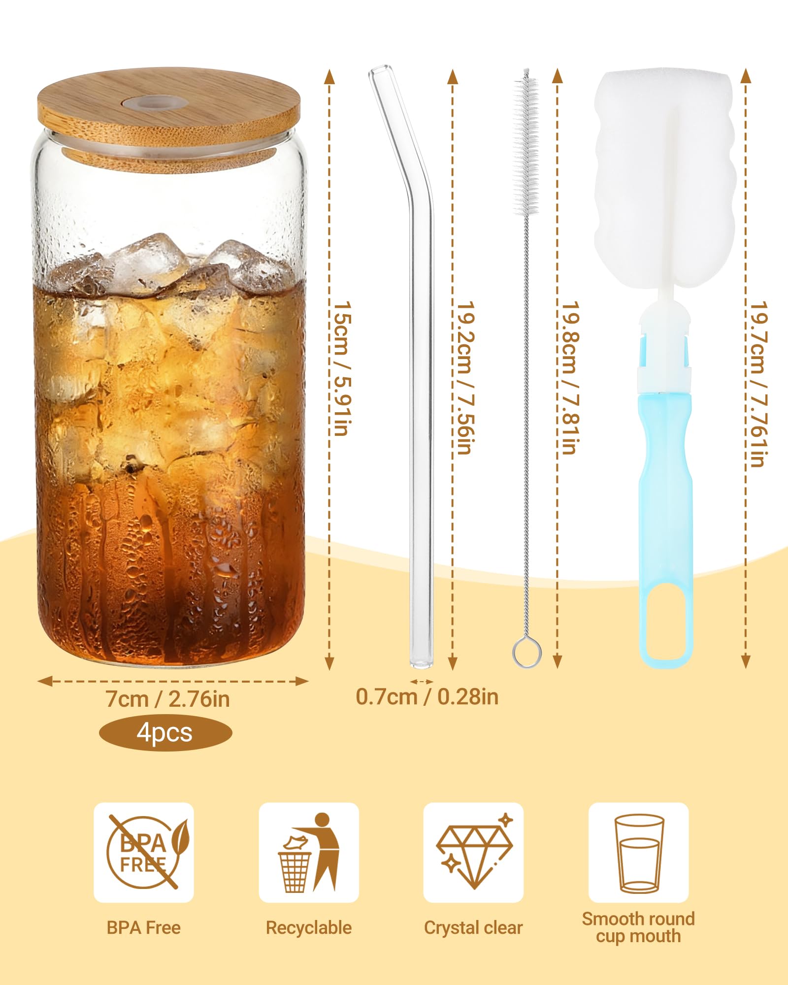 Zestaw 4 szklanek o pojemności 500 ml z pokrywką i słomką, szklanki do wody i matchy, szklanki do napojów z pokrywką, szklanki do mrożonej kawy - szklanki do kawy – Iced Coffee – Matcha i