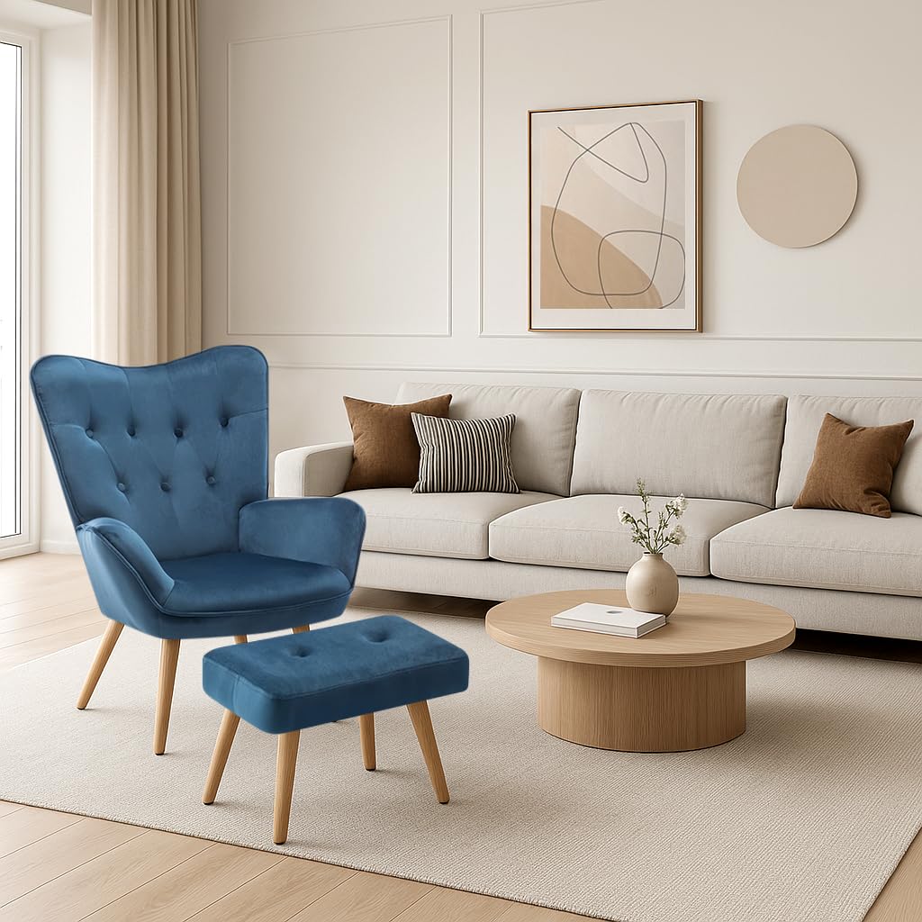 HollyHOME Ohrensessel mit Hocker Sessel mit Hocker Sessel Wohnzimmer & Schlafzimmer Samt Relaxsessel Lesesessel Lounge Sessels Armlehnensessel, Blau