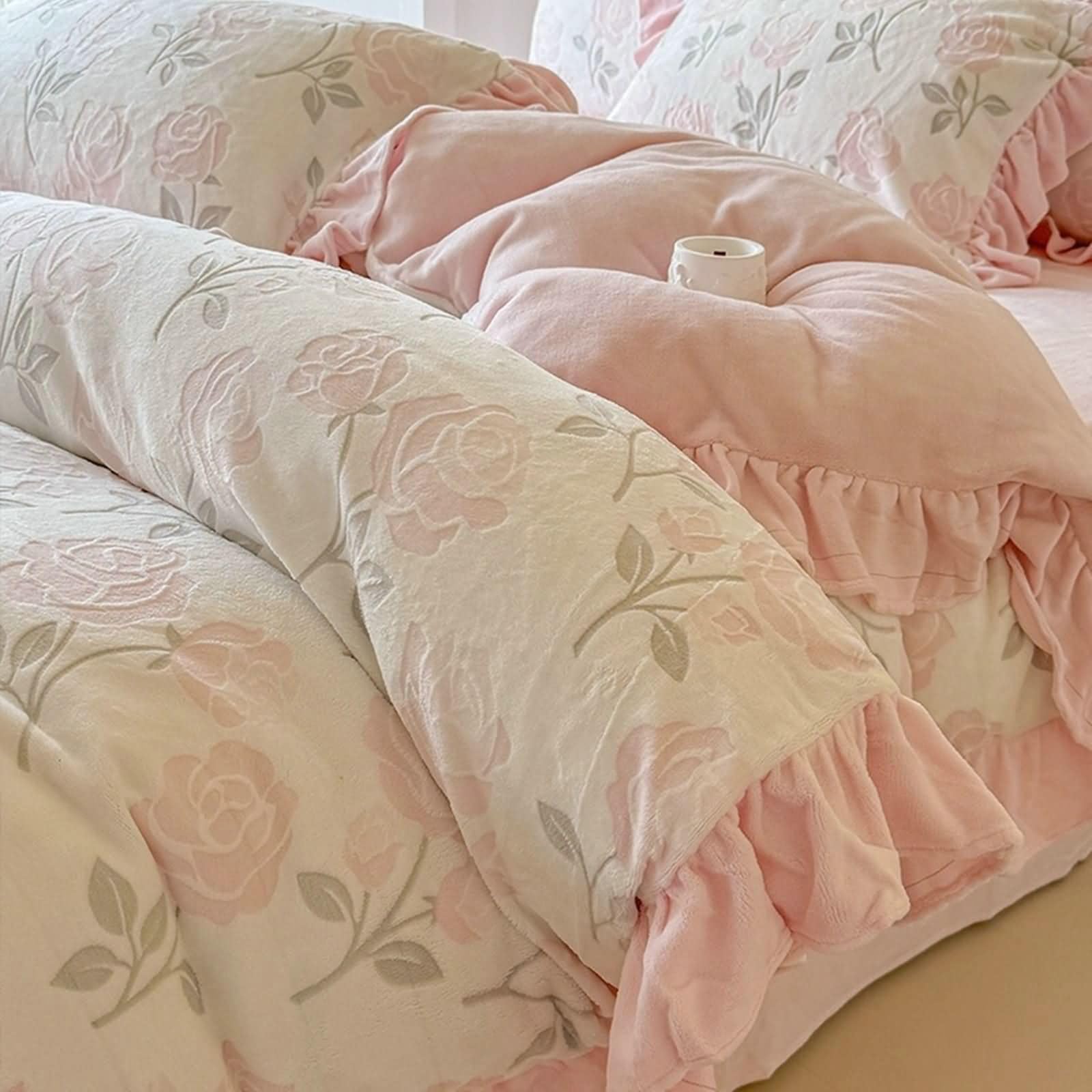 4-częściowy zestaw pościeli, poszwa na kołdrę 200x230cm, prześcieradło z gumką 150x200cm i 2 poszewki na poduszki, wzór gałęzi kwiatów i liści z falbankami, miękki aksamit, różowy