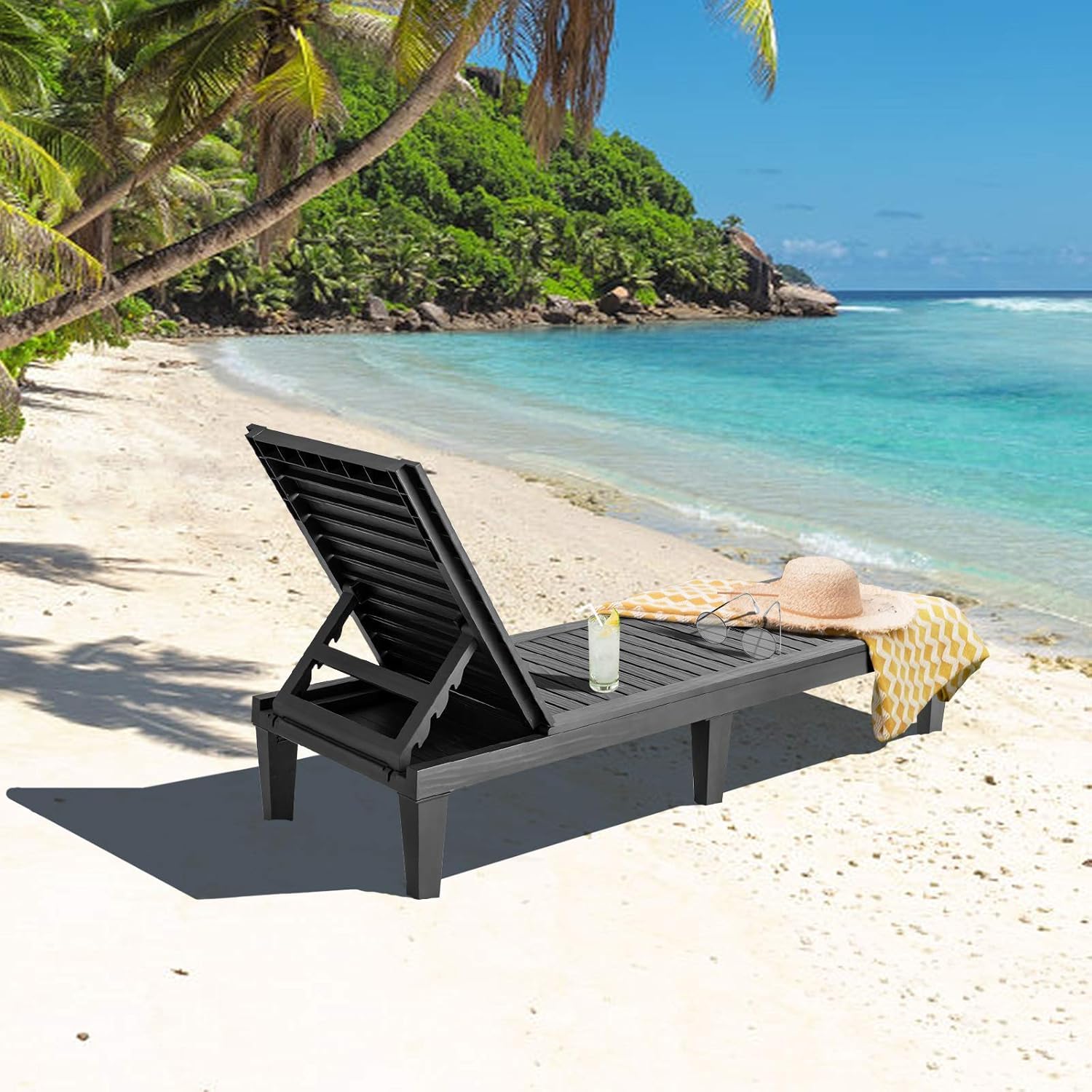 GOPLUS Muebles de Exterior de 2 Piezas, Tumbona Plegable en 5 Posiciones, 190 x 57,5 x 29 – 84,5 cm, 2M Sombrilla Paja de PP con 8 Varillas para Piscina, jardín (Negro, 1 Tumbona+1 Sombrilla)