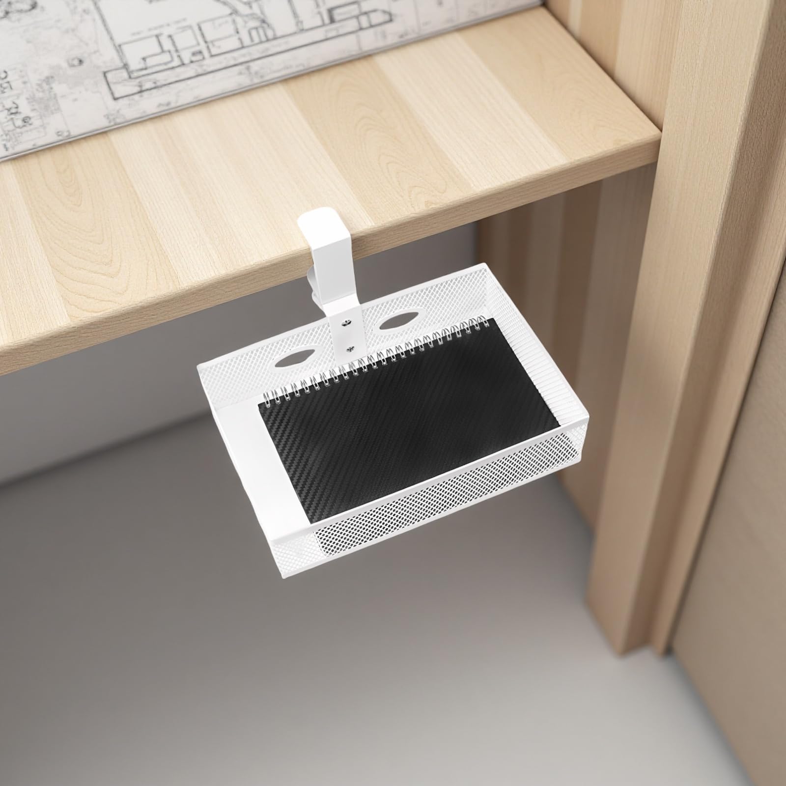 Organizer da scrivania da 25 cm, con morsetto girevole a 360°, scatola portaoggetti in rete metallica per forniture artistiche per casa e ufficio, organizer da scrivania ordinato, bianco
