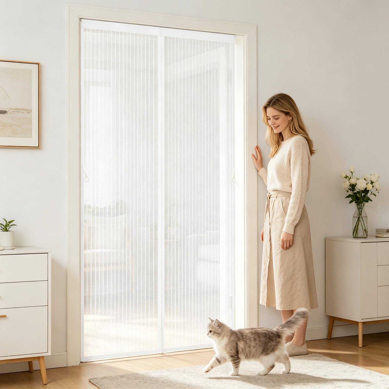 Gaifnag White Fly Screens Doors 170 X 165 Cm With Powerful Magnets And Full Frame Adhesive Strips, Hands-Free Closing Mosquito Double Door For Living Room Kitchen Patio,