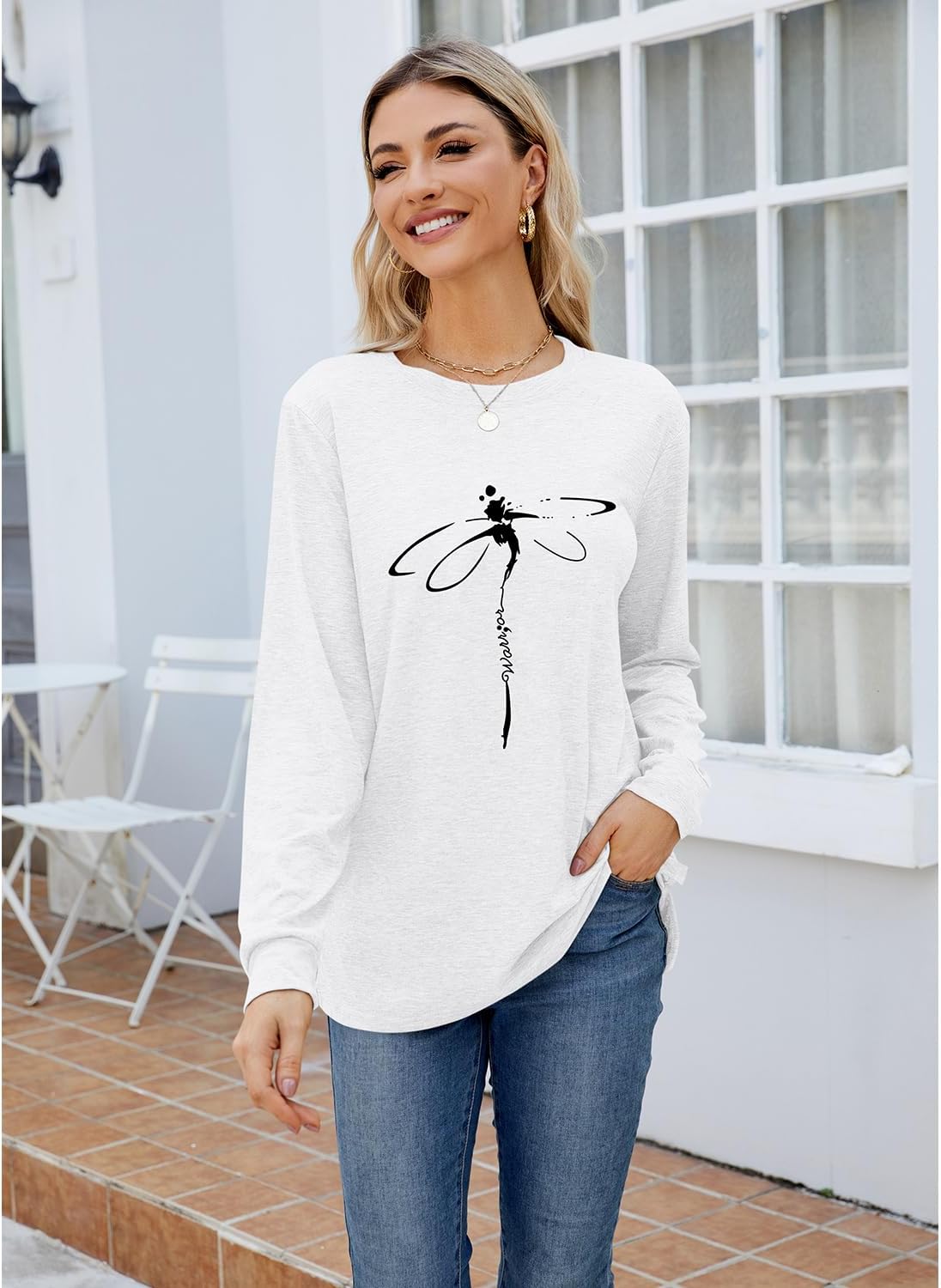 Women's Dragonfly Trendy Graphic Long Sleeve Shirts Basic Tee Fall Winter Loose Cozy Cute Pullover Tops - Image 5
