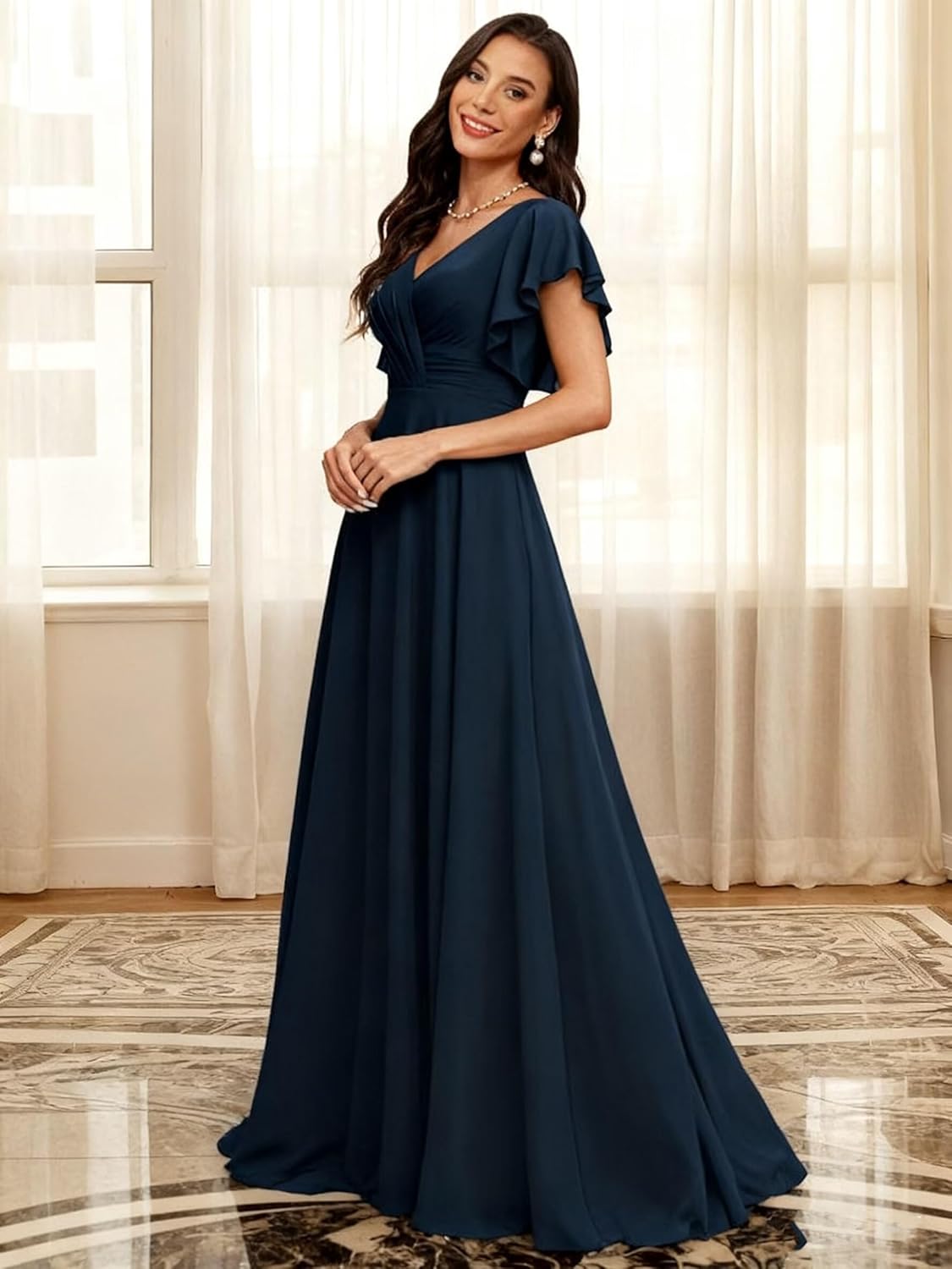 Women's Chiffon Bridesmaid Dresses V Neck Long Wedding Guest Dress Flutter Sleeves A Line Empire Waist Party Gowns