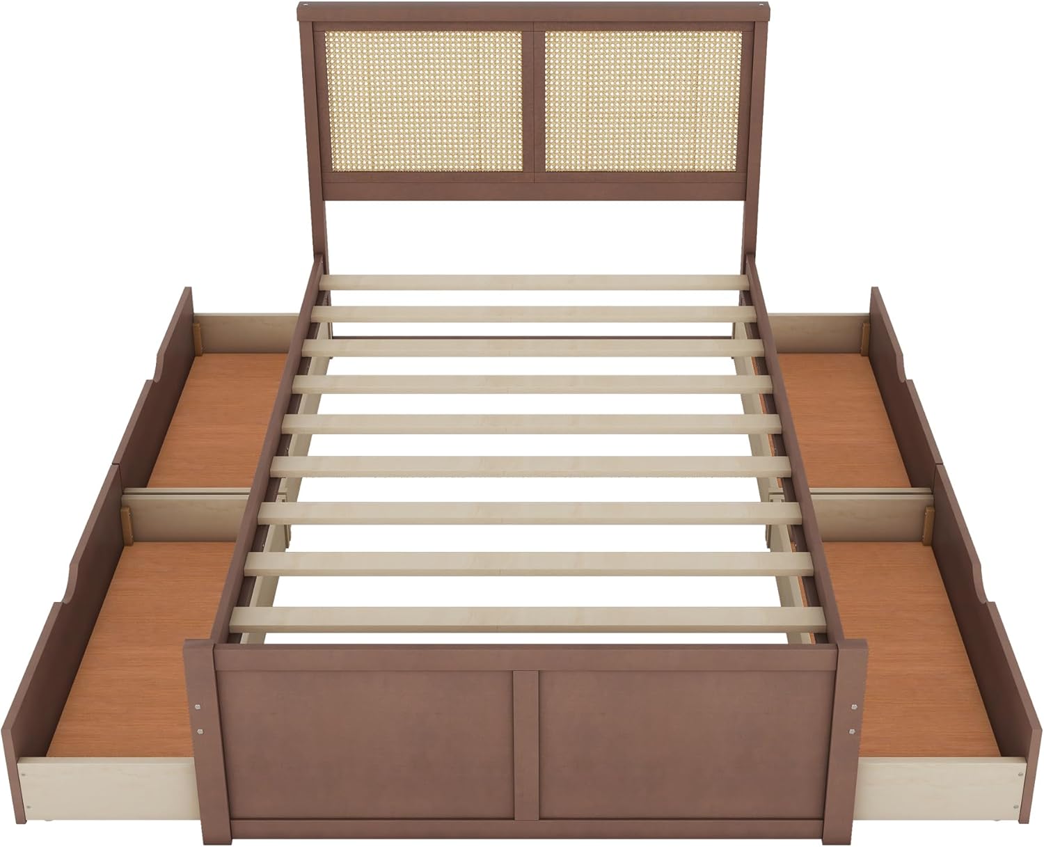 Linique Rattan Bed Frame Full,Full Size Wood Storage Platform Bed with 4 Drawers and Rattan Headboard(Espresso)