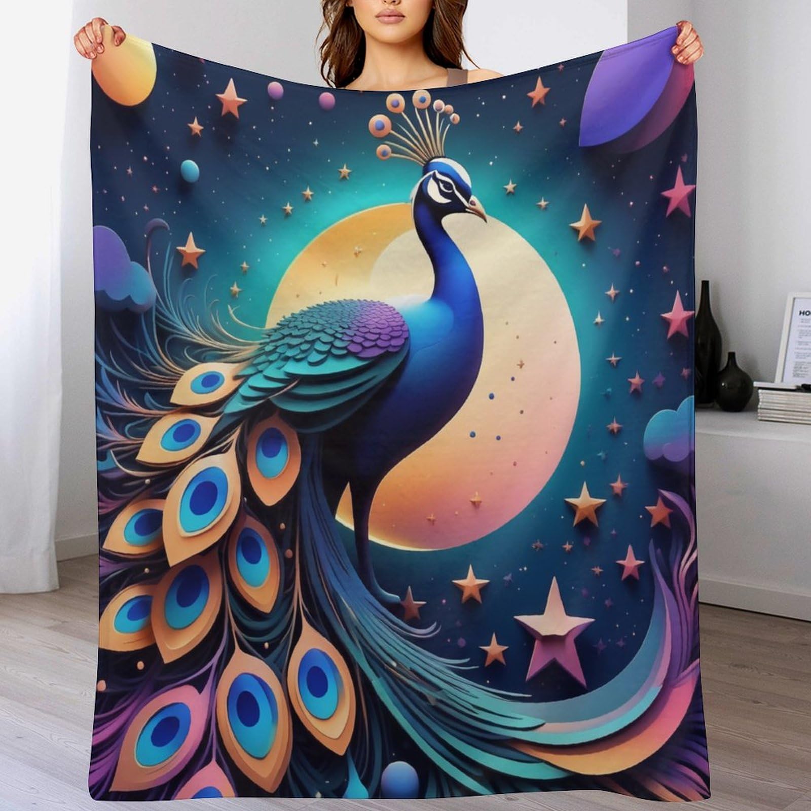 Couverture Polaire Paon en Flannel Épaisse pour Lit et Canapé 150x200cm