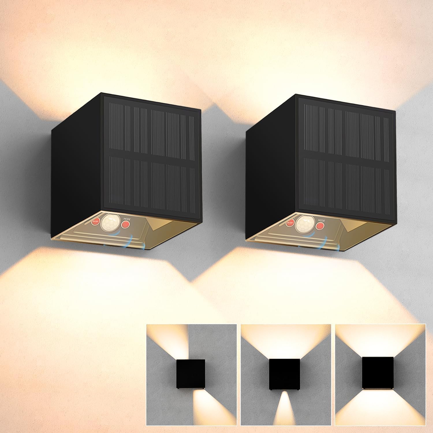2 Pezzi Lampada Solare da Esterno con Sensore da Movimento, Applique da Esterno Solare 3000K 3 Modo Angolo del Fascio Regolabile Luci LED Solare IP65 Impermeabile per Recinzione Giardino Patio Strada