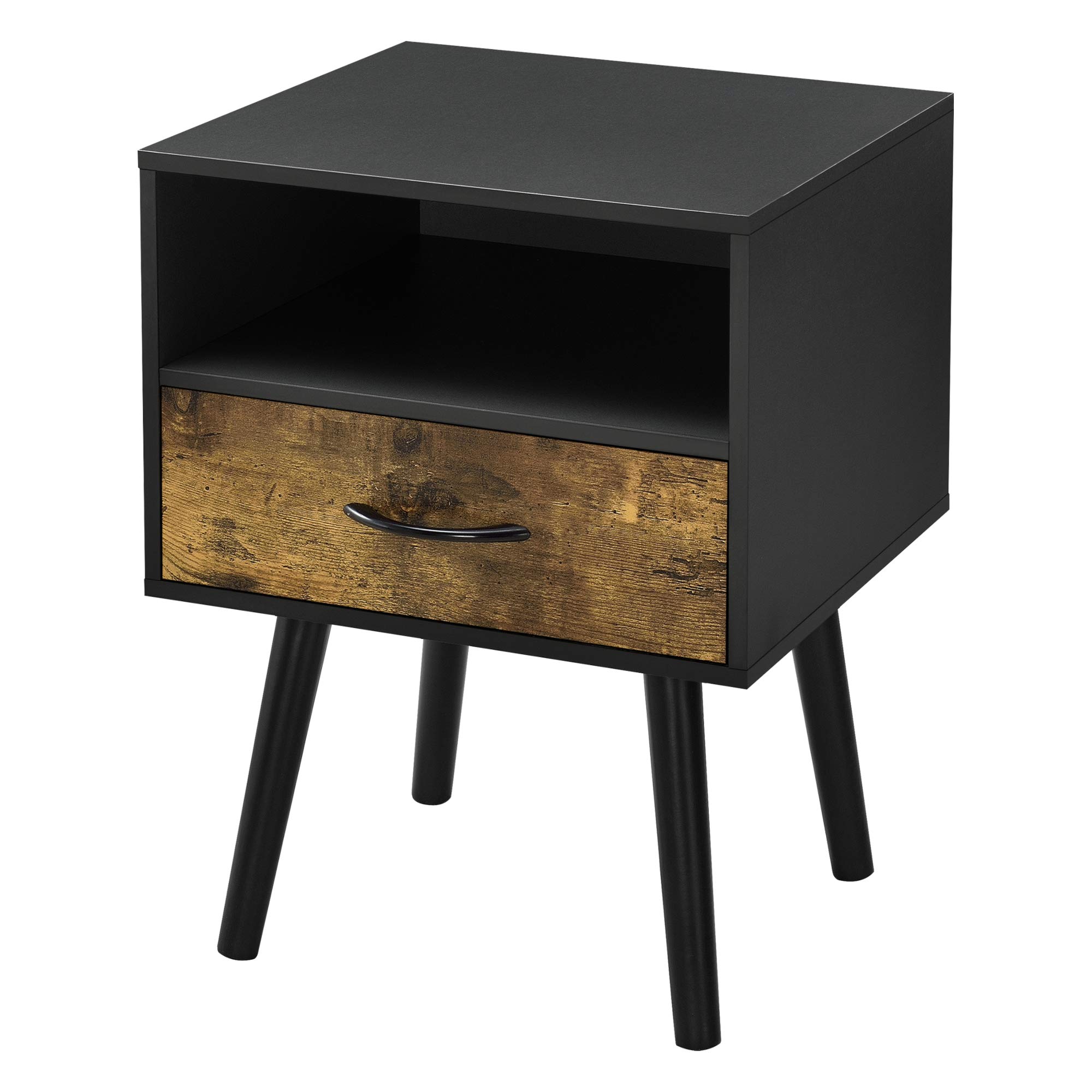 [en.casa] Comodino con Cassetto e Scomparto Aperto Tavolino Laterale per Divano Soggiorno Corridoio Mobiletto da Notte 57 x 42 x 40 cm - Nero/Effetto Legno Scuro