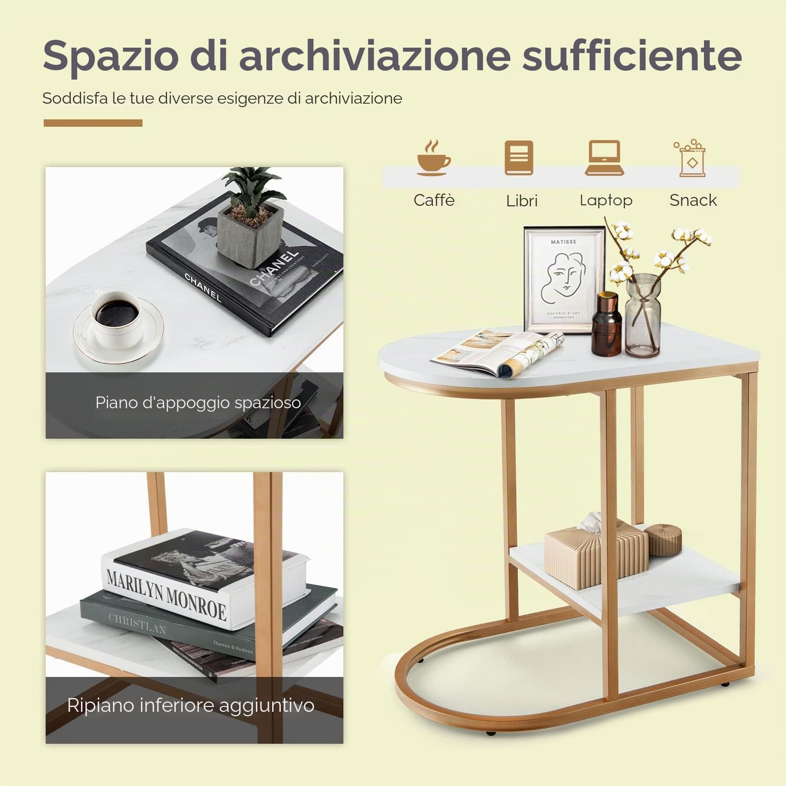 LIFEZEAL Tavolino effetto marmo, tavolino da caffè oro, divano a forma di C con ripiano, tavolo da soggiorno con struttura in metallo, tavolo laterale per soggiorno, camera da letto e ufficio, moderno