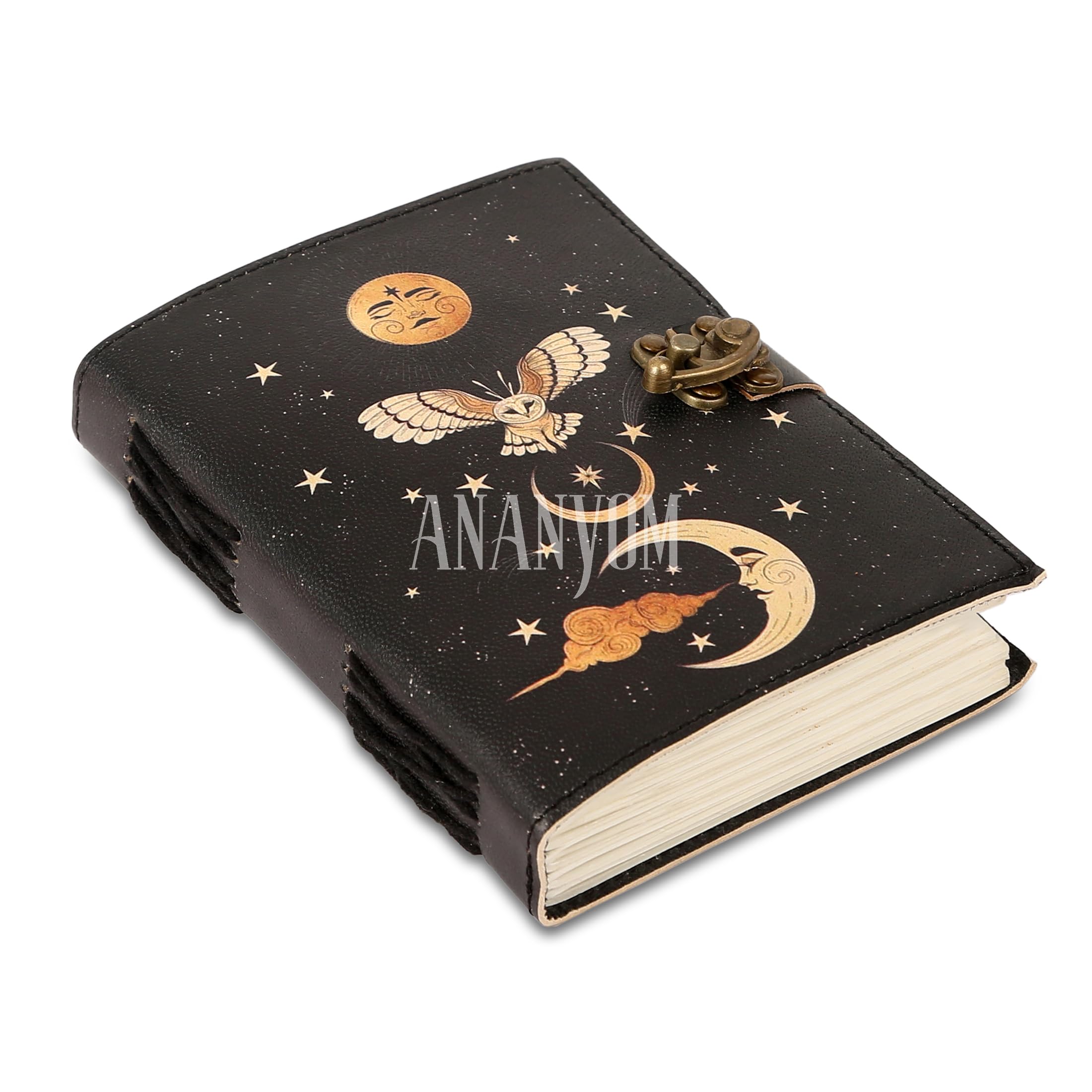 ANANYOM Handmade Black Leather Journal, Sun & Moon Embossed Notebook Diary, 7" x5” Vintage Sketchbook with Brass Clasp