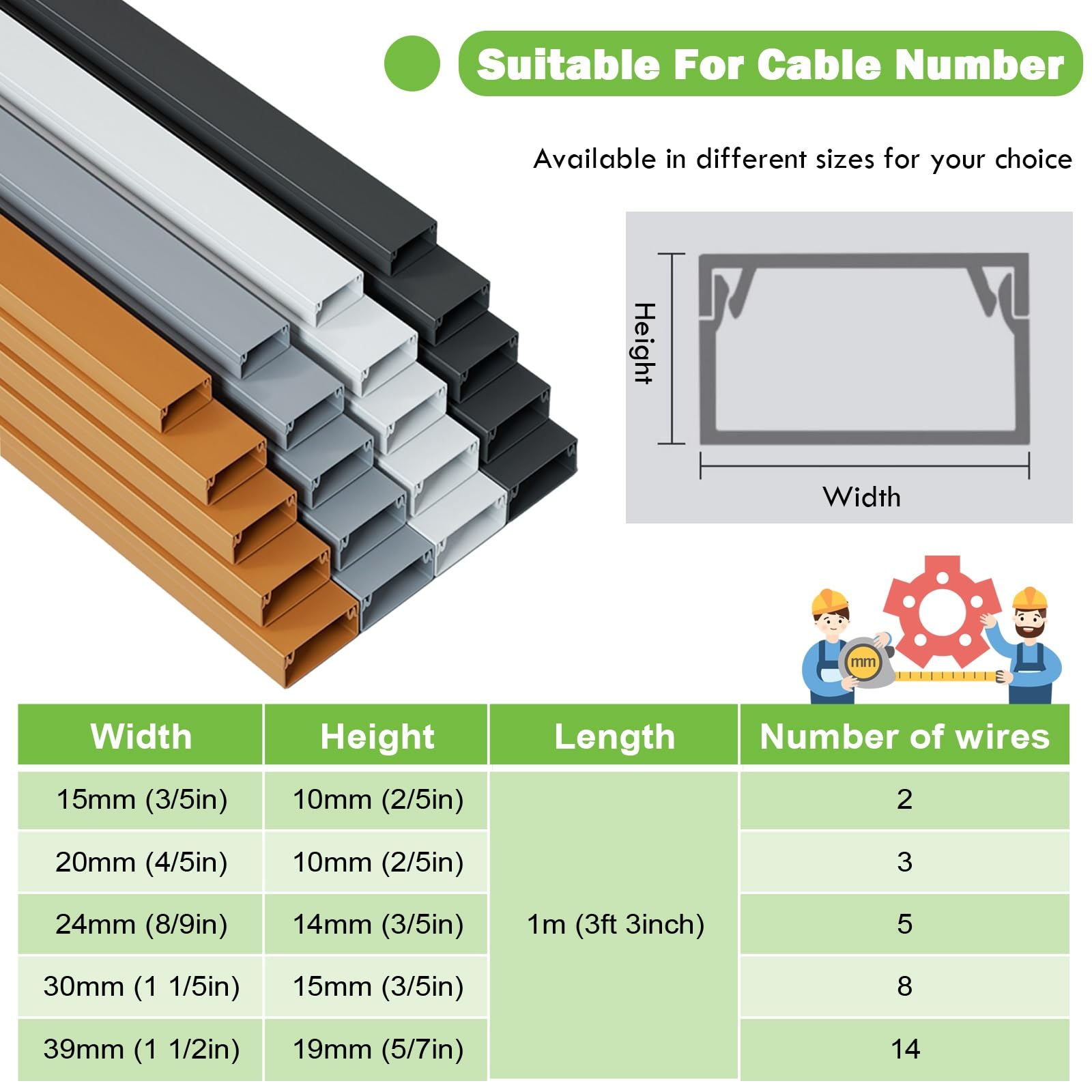 canaletas para cables PVC Montaje En Pared Cubrecables Canaleta Cubrecables Eléctrica, Monitor / Cámara / Altavoz Cubre Cables Paquete De 2 Cortable Tubo Para Cables Con Adhesivo(Black 2 pcs,Holds 14