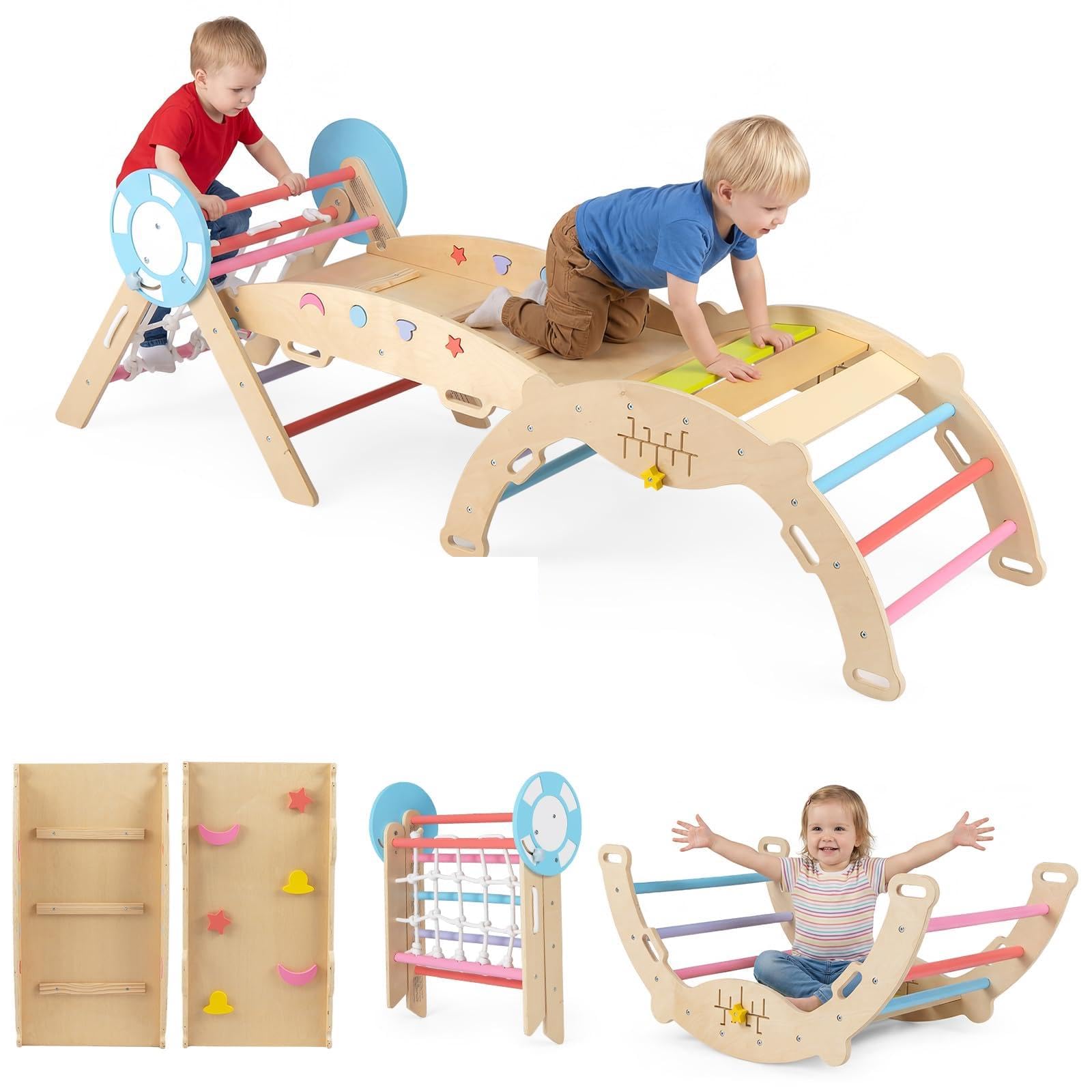 COSTWAY Toddler Climbing Frame, Kids Wooden Climber Toys Set with Arch, Reversible Ramp, Indoor Montessori Play Gym for Boys Girls 3 Years Old+ (8 in 1 Nautical-Themed, Colorful)