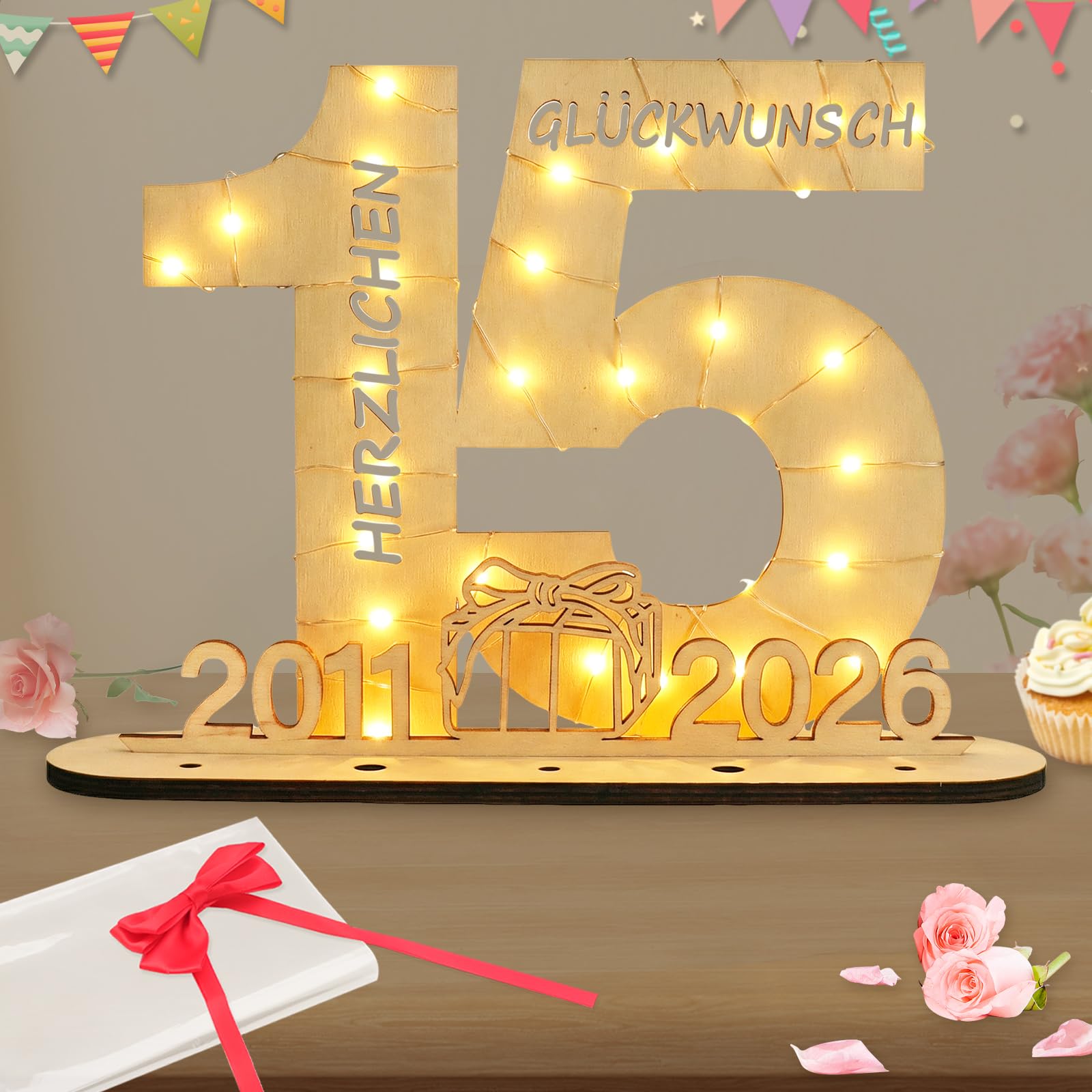 Seutgjie Deko 15 Geburtstag Mädchen Junge 2011-2026, Geldgeschenke Geburtstag 15 mit LED Lichterkette Geschenkpapier, 15 Jahre Jubiläum Kristallhochzeit Hochzeitstag Holz Schild Gästebuch