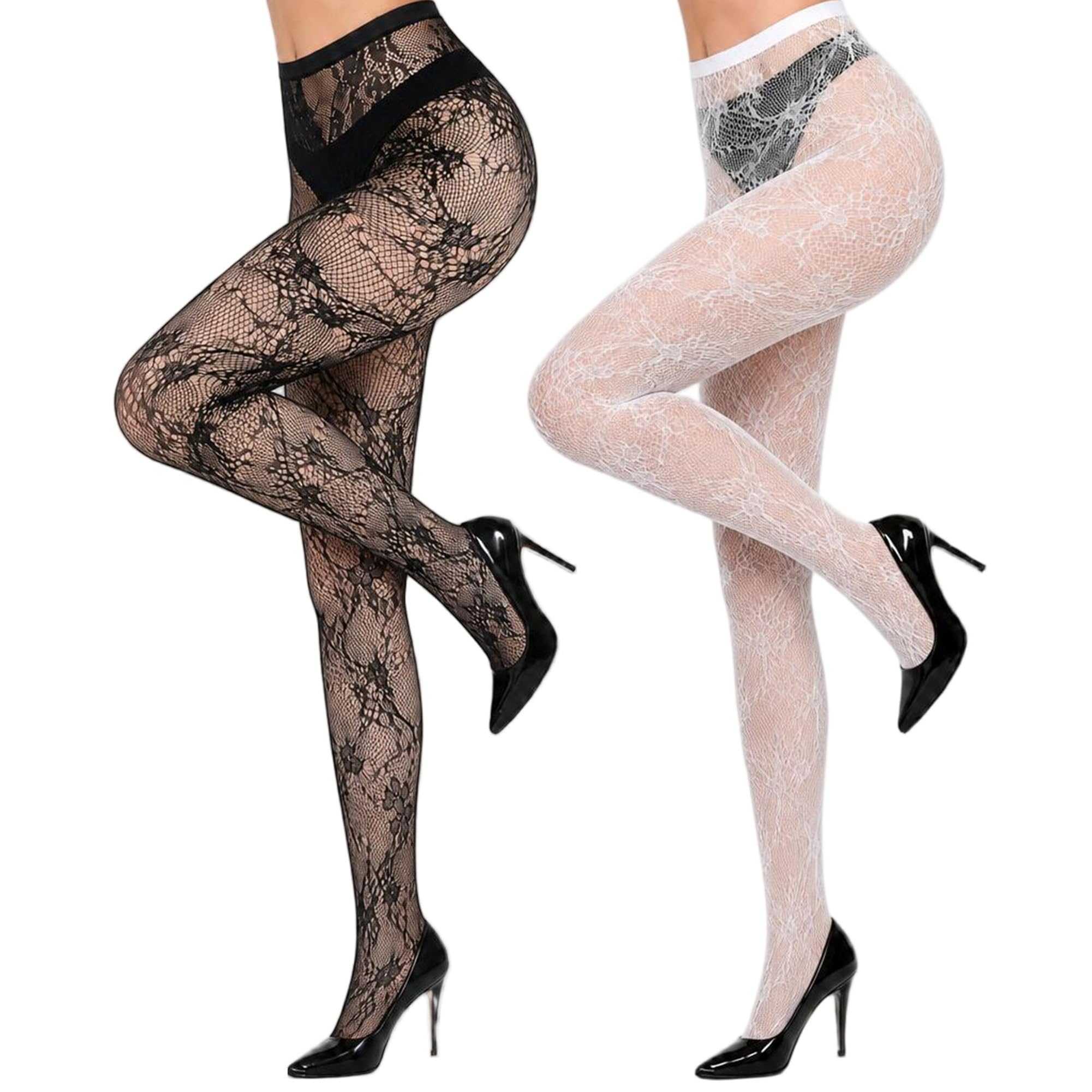 2 Pairs Lace Tights Black White Floral Patterned Tights for Women Fishnet Stockings for Women Halloween Costumes Parties