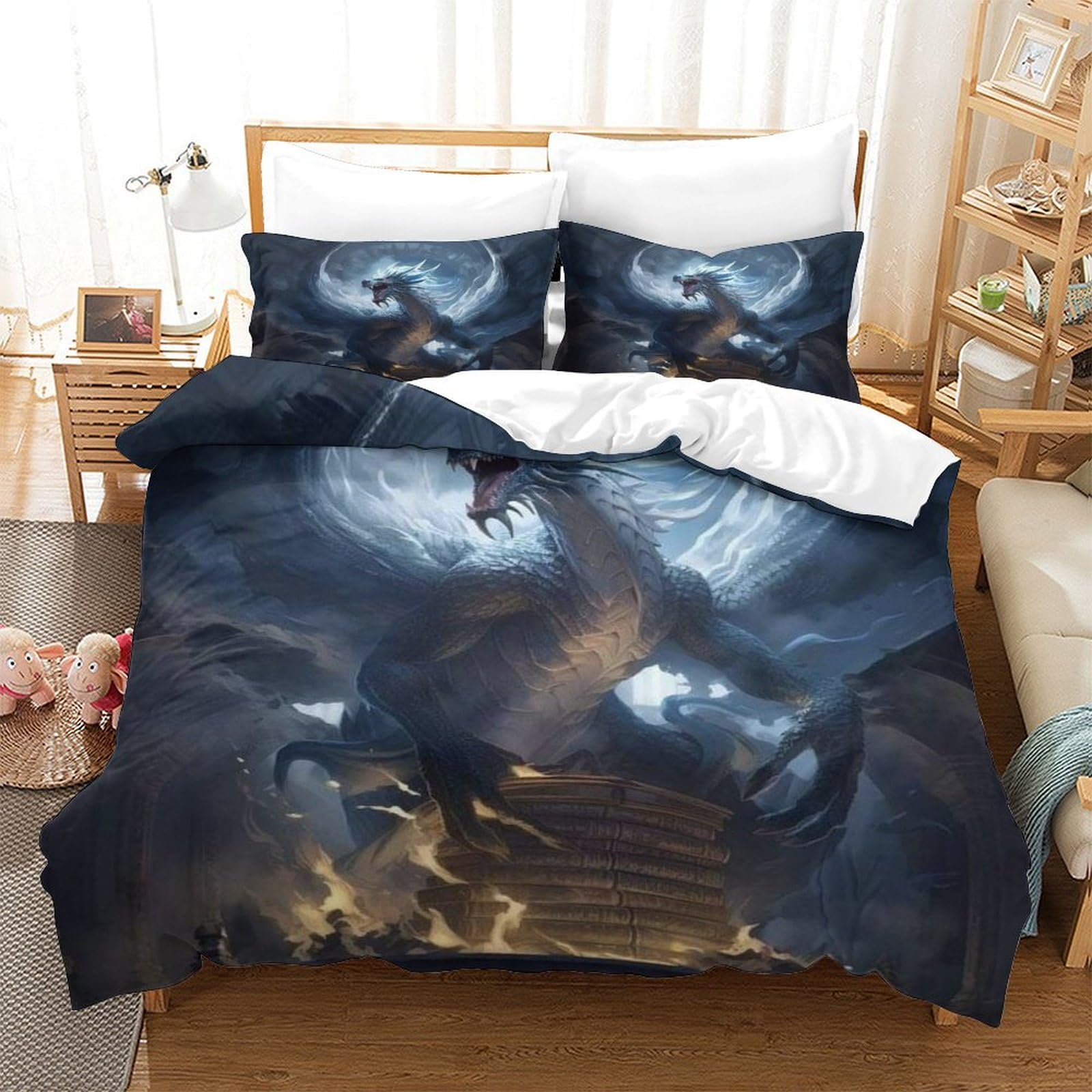 TNFHSOFT Flying Dragon 3D Printed Quilt Cover Cool Animals Design Duvet Cover Set Bedding Set,Soft Microfiber,Hidden Zipper Boys And Girls King（220x240cm）
