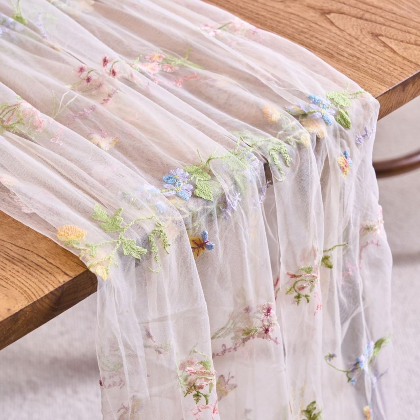 Tischläufer Polyester Modern, Tischläufer Landhausstil 150x220 cm, Spitze mit Floraler Stickerei