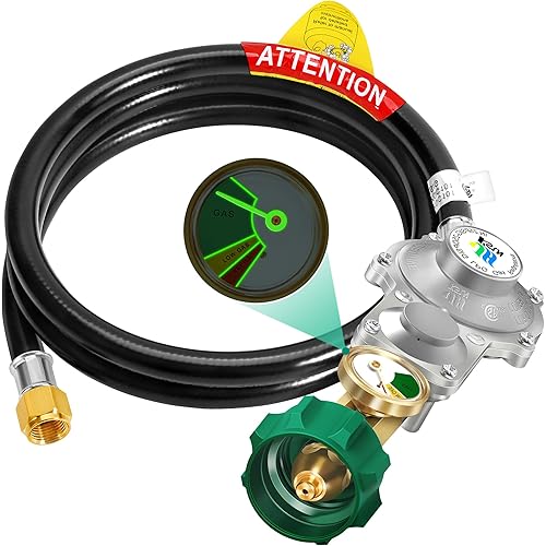 GGC 5FT Two-Stage Propane Regulator with Hose & Gauge, QCC1/Type1 Tank Connection, 3/8" Female Flare Fitting for Grills, Heaters, Fire Pits & Stoves - CSA Certified