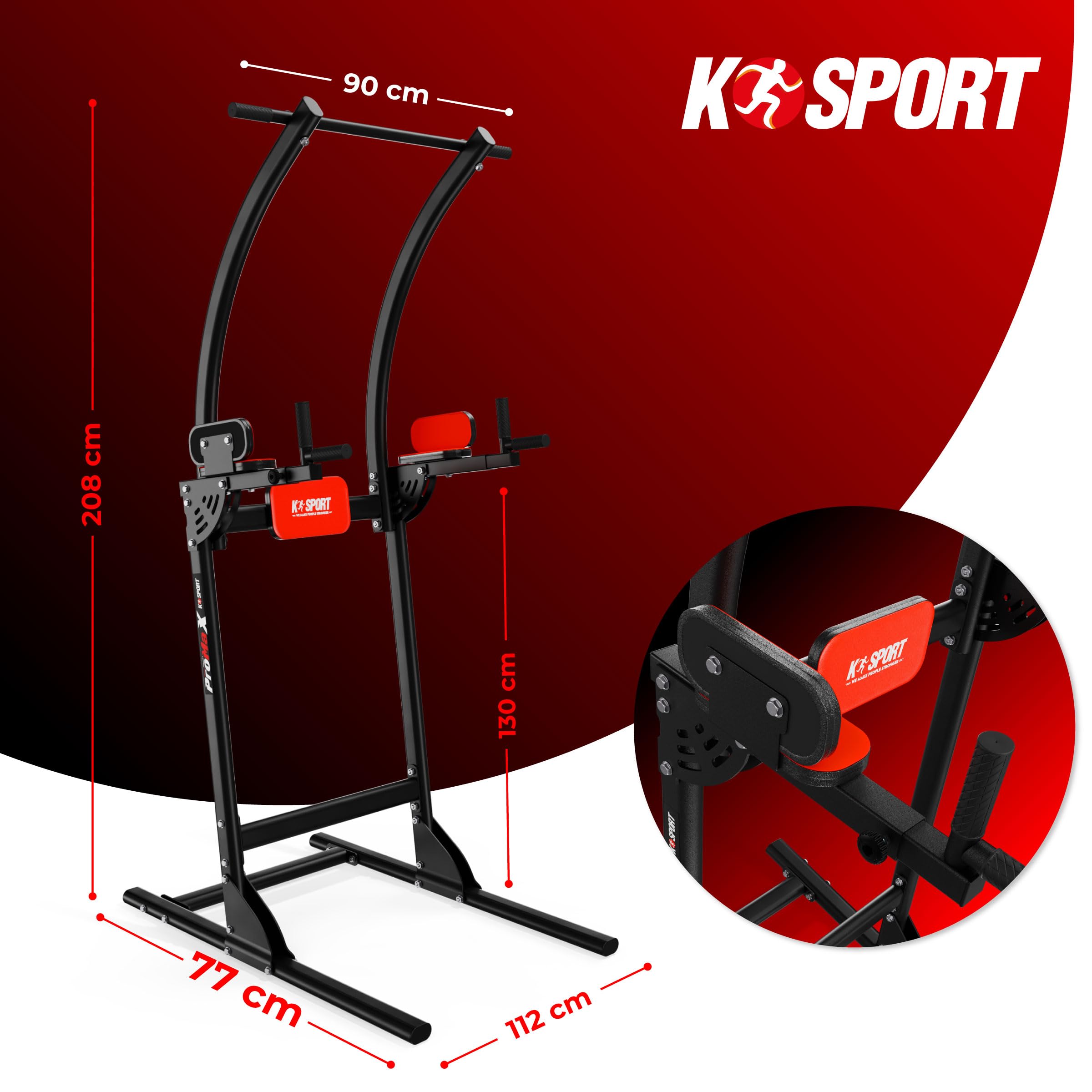 K-Sport: Power Tower Fitness Aparato | Barra de dominadas independiente | Torre de fuerza multifuncional de hasta 150 kg | Fitness Tutm | Torre de fuerza con estación de inmersión y barra de dominadas
