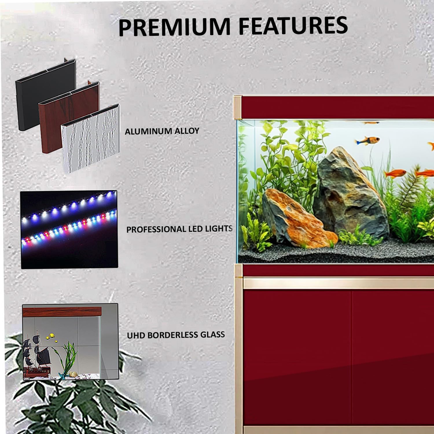 Aqua Dream 175 Gallon Aquarium Tempered and Ultra-Clear Glass, Full Setup in Red with Gold Trims