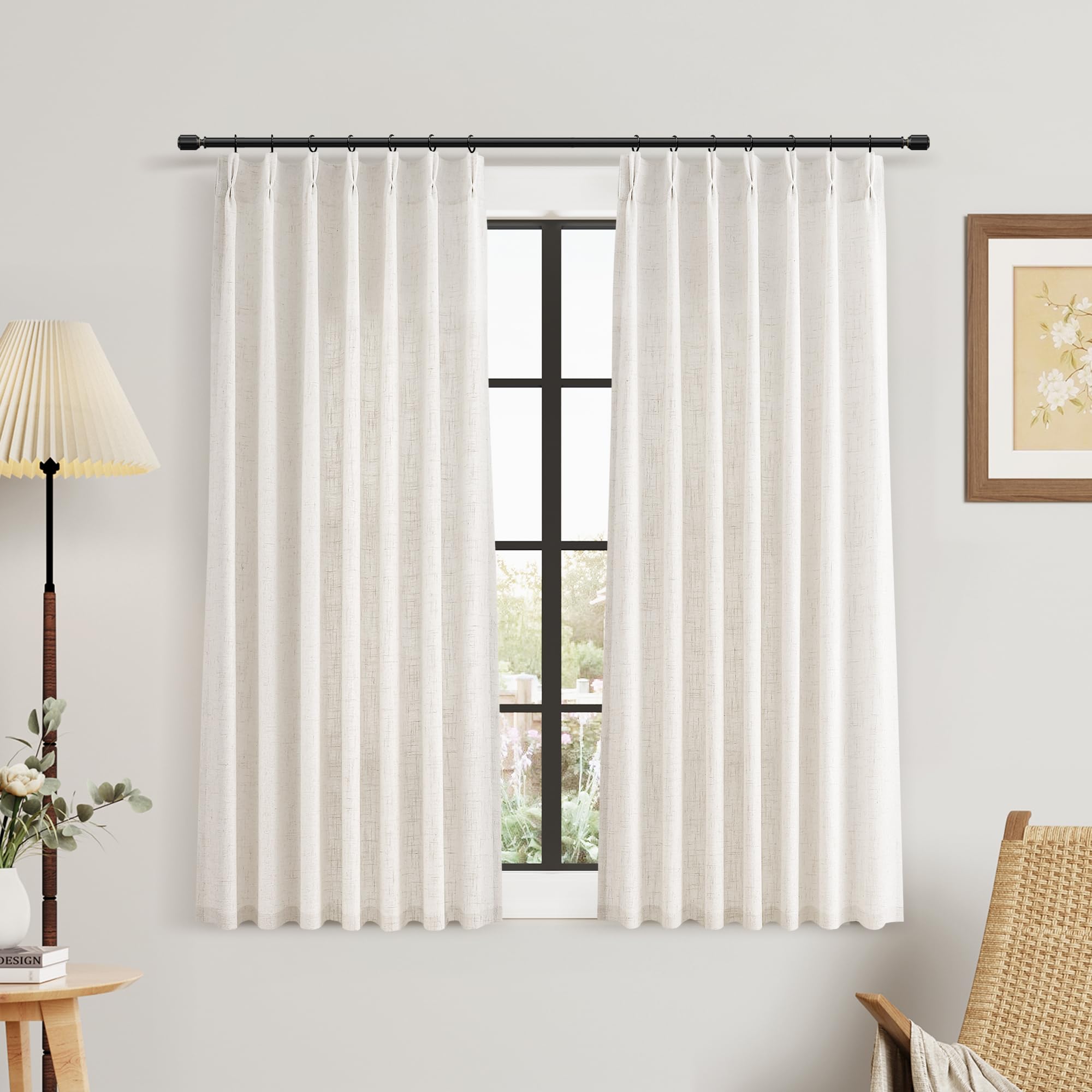 Photo 1 of Natural Linen Kitchen Curtains 48 Inches Long 2 Panels Set, Cafe Basement Drapes for Small Window Cream Ivory Pinch Pleated Back Tab Short Boho Semi Sheer Privacy Curtain with Clip Rings Hooks 40x48