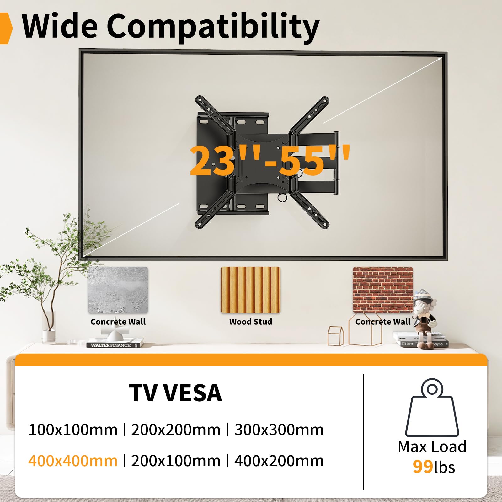 Support Mural TV 23-55 Pouces Jusqu'à 45KG | Support TV Mural Orientable Inclinable et Orientable, VESA 400x400