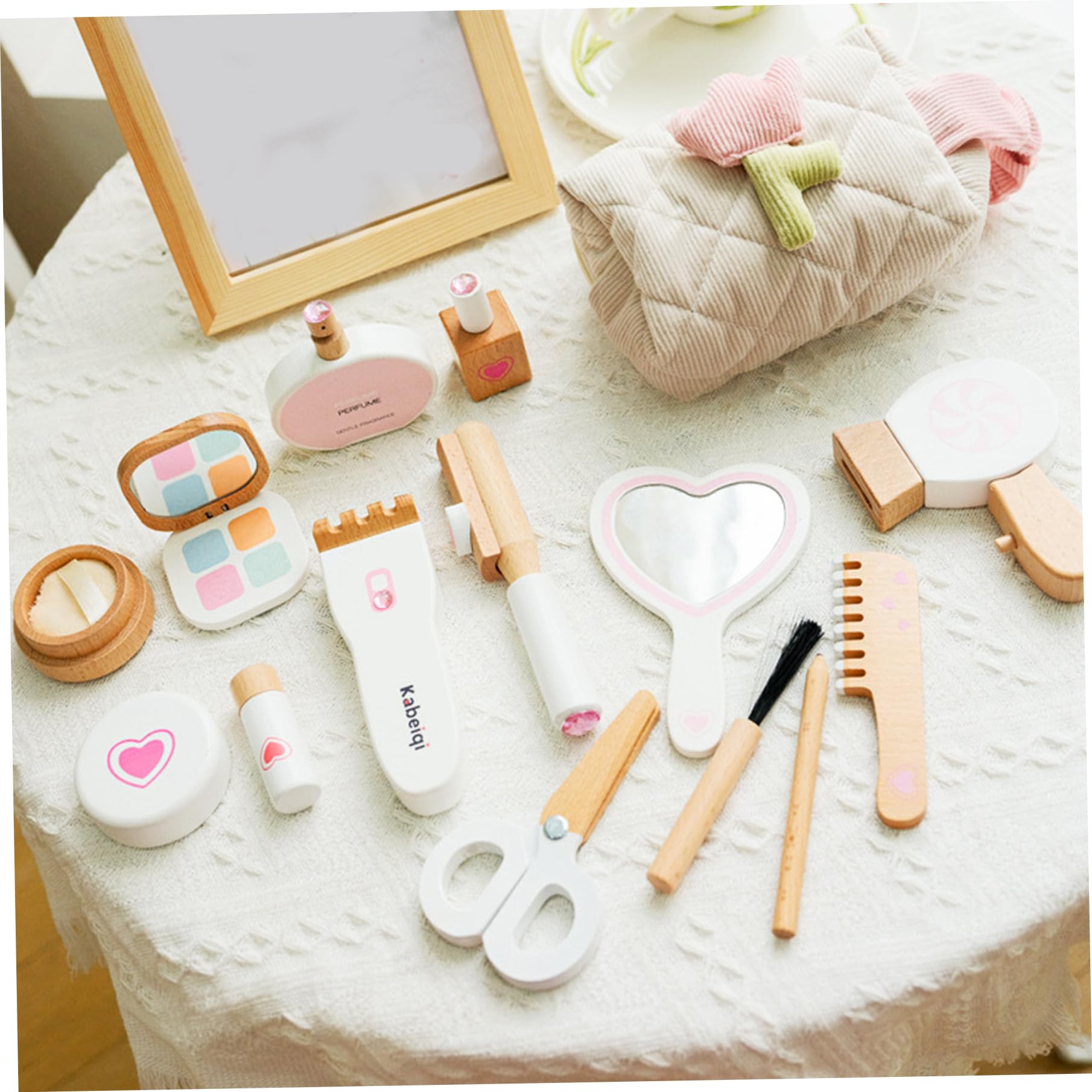 Set di giocattoli per il trucco in legno Kit per il trucco finto con ferro arricciacapelli, asciugacapelli, pettine, specchio, rossetto, mascara, profumo e altro Kit educativo per bambini per ragazze