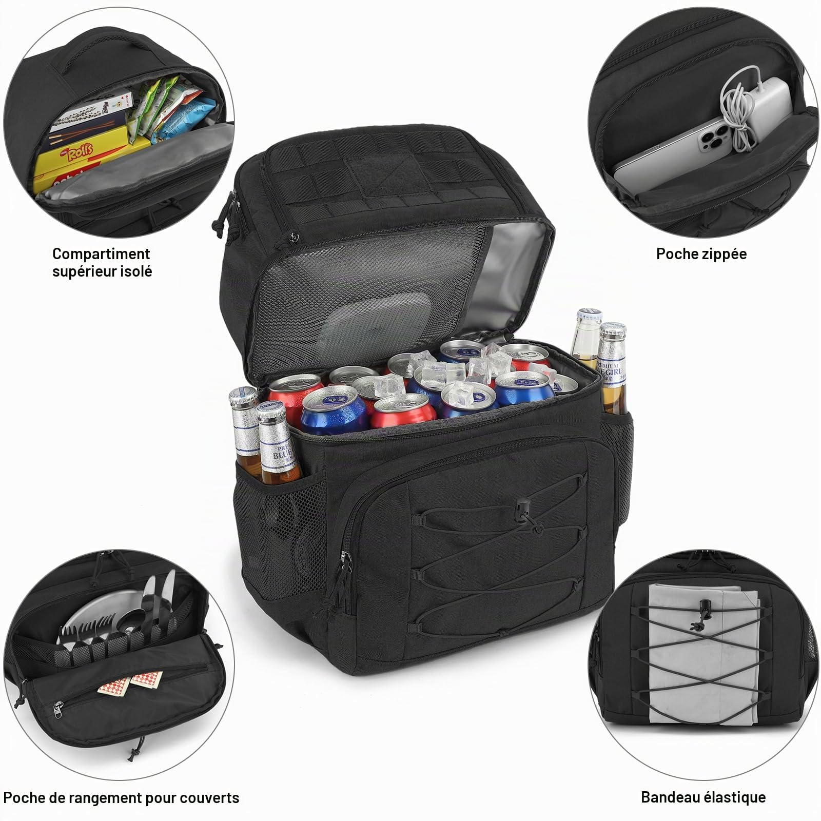 Sac à Dos Isotherme Tactique Cooler à Deux Compartiments Sac a Dos Glaciere Petit Sac Pique Nique avec 2 Compartiments Isotherme pour Hommes Femmes pour Déjeuner, Travail, Plage