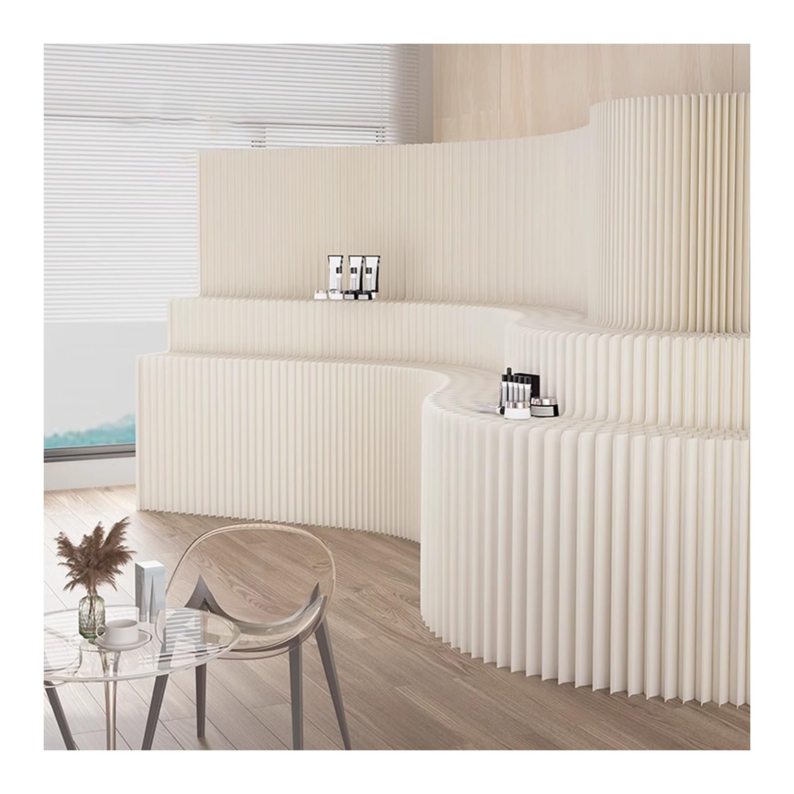 Biombo Separador Retractable Room Divide with 2-Layer Storage Display Rack Portable Paper Wall Privacy Screen, Deformable Room Divider Partition Background Wall(400x200x70cm)