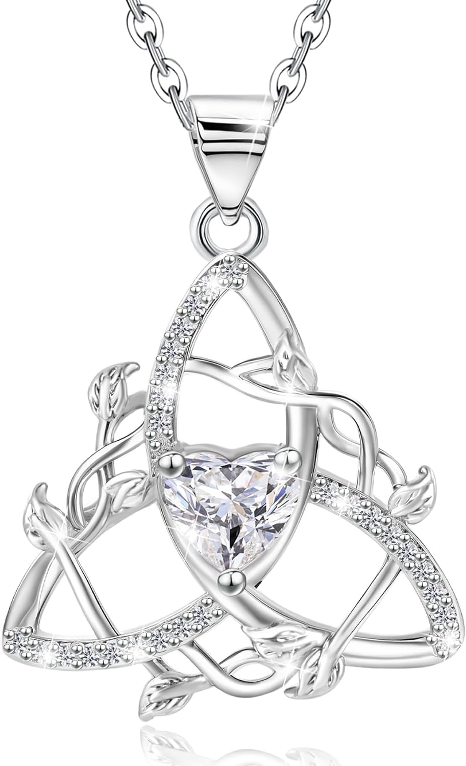 Celtic Knot Necklace S925 Sterling Silver Cubic Zirconia Trinity Love Knot Necklace with Leaf Witches Knot Irish Triquetra Nudo de Bruja Jewelry Gifts for Women Mom Wife Her Birthday Christmas