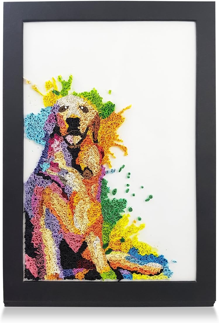 Golden Retriever Christmas Handmade Paper Quilling Artwork A4 Size, Framed 3D Wall Art & Stand Art as Unique Gift for Home Decor