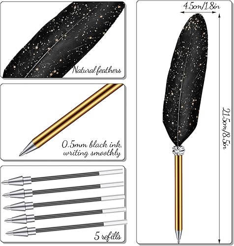 Miniatura 2 de Bolígrafo de plumas y soporte para bolígrafo de metal vintage, tinta negra, pluma de plumas vintage con 5 piezas de repuesto para boda, firma para