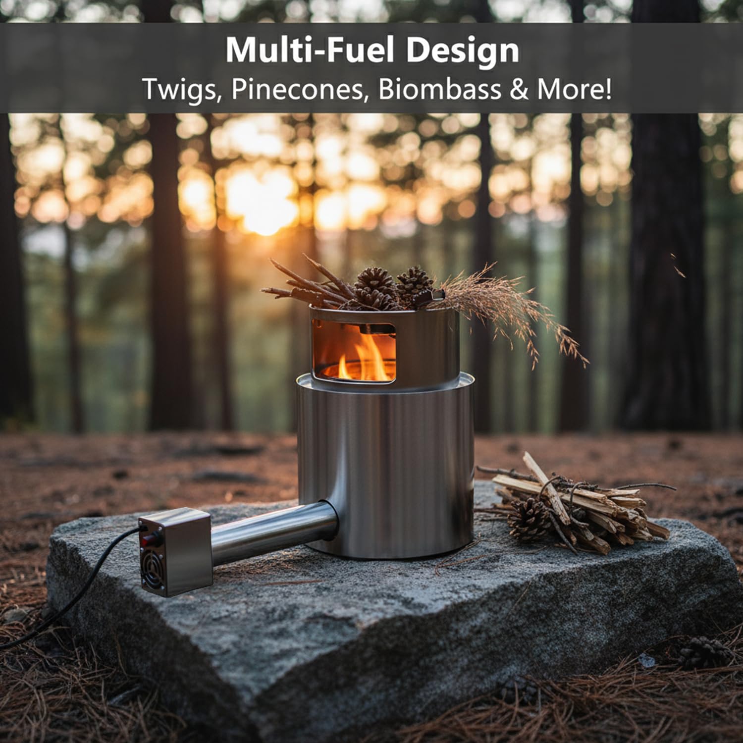 Forced Air Rocket Stove with USB Powered Adjustable Blower | Smokeless 304 Stainless Steel Wood Burning Camping Stove | Compact, Multi-Fuel, and Foldable for Backpacking & Survival