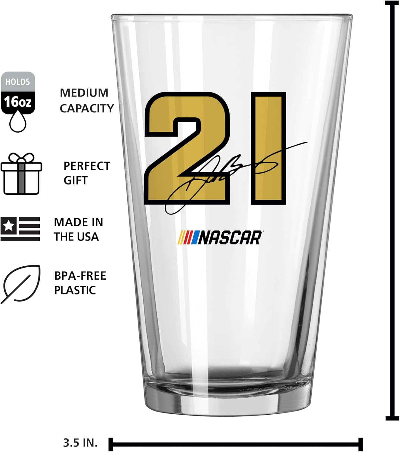 Logo Brands NASCAR Race Day Classic 16 oz Pint Glass - Durable Glass With Bold Driver Logo – Chip-Resistant Rim Drinkware For Fans, Tailgates, Home Bars & Everyday Use