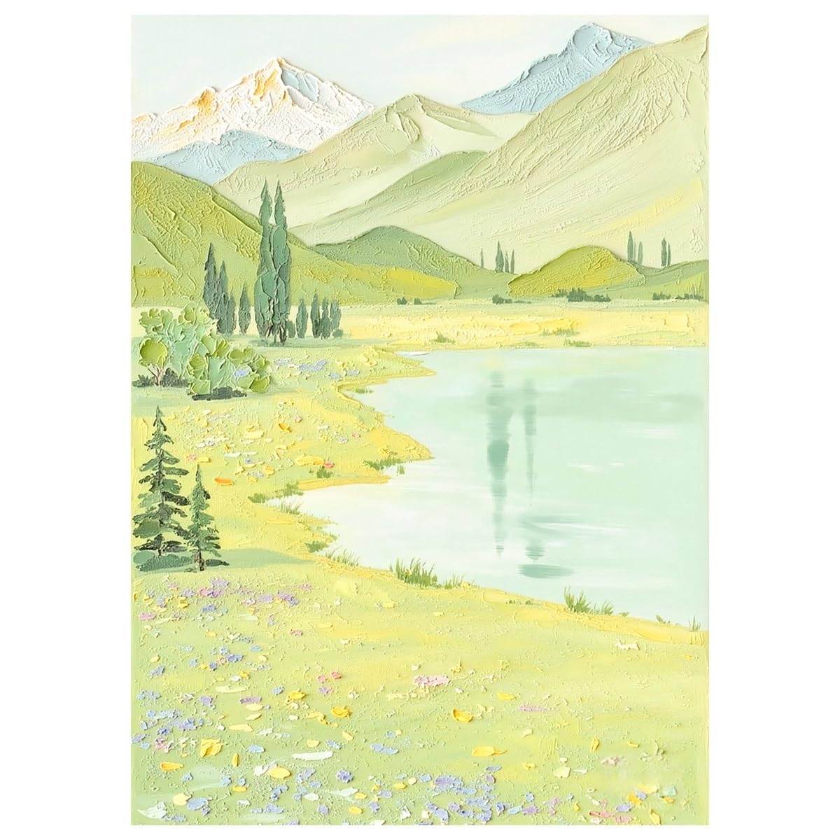 LCDIUDIU Canvas Wall Art Hand Painted Abstract Landscape Oil Painting Green Textured Mountain Lake Meadow Wildflower Scenery Wall Decor Unframed Artwork for Bedroom Office Home 50X70Cm(20X28Inch)