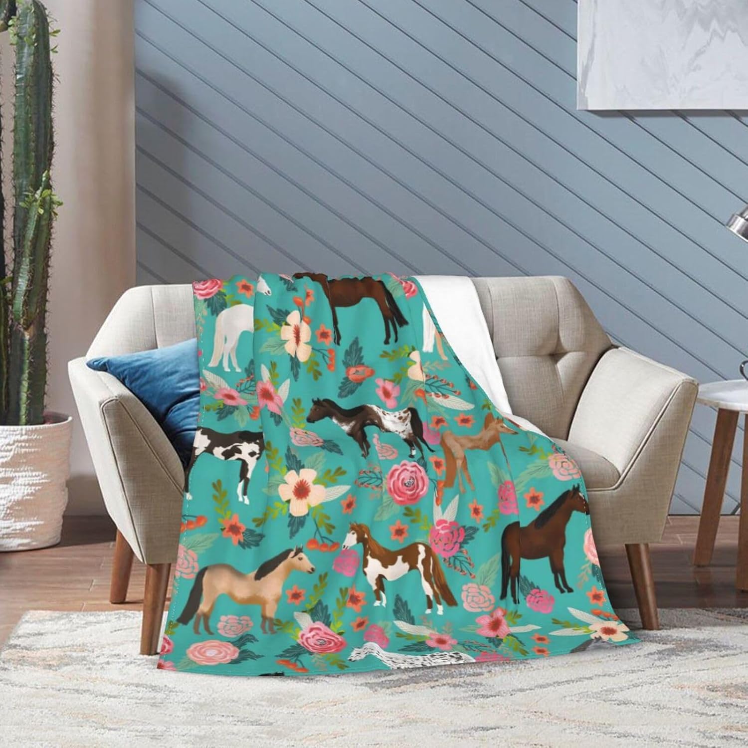 Popular Horses Floral Horse Breeds Farm Animal Pets Flowers Ultra-Soft Micro Fleece Blanket Air Conditioning Quilt for Women Colder Weathwe,Comfy Warm Flannel Fleece Throw Blanket for Sofa 80"X60"