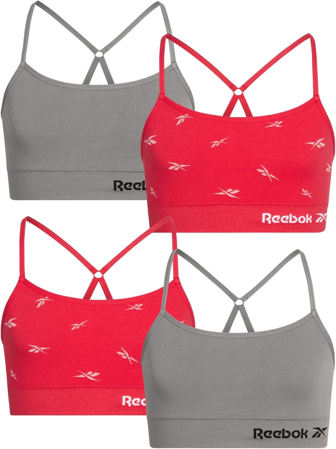 Reebok Girls Training Bras - 4 Pack Girls Bras Racerback Crop Cami Bralette with Removable Pads - Soft Seamless Bra for Teens