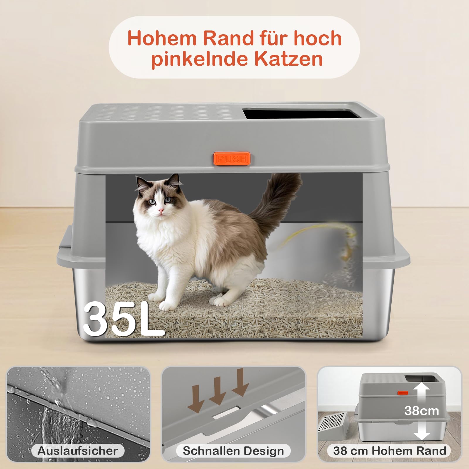 Edelstahl Katzenklo mit Deckel, 60.5*40.5*38 cm Katzentoilette Geschlossen | XXL Metall Katzenklo Edelstahl , 35L Große Kapazität, Schaufel und Fußpedal, Hoher Rand, Auslaufsicher und Leicht Reinigen