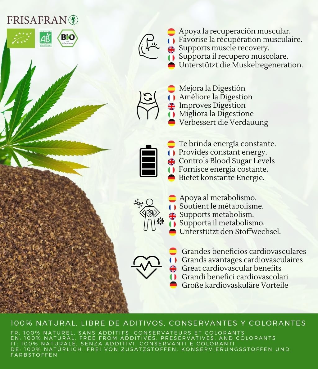 FRISAFRAN | Proteine ​​della Canapa in Polvere Bio 500g | Proteine ​​Vegetali-Grezza | Canapa macinata | Supercibo | Omega 3 | vegano | Senza glutine-additivi | polvere proteica | Salato | piselli