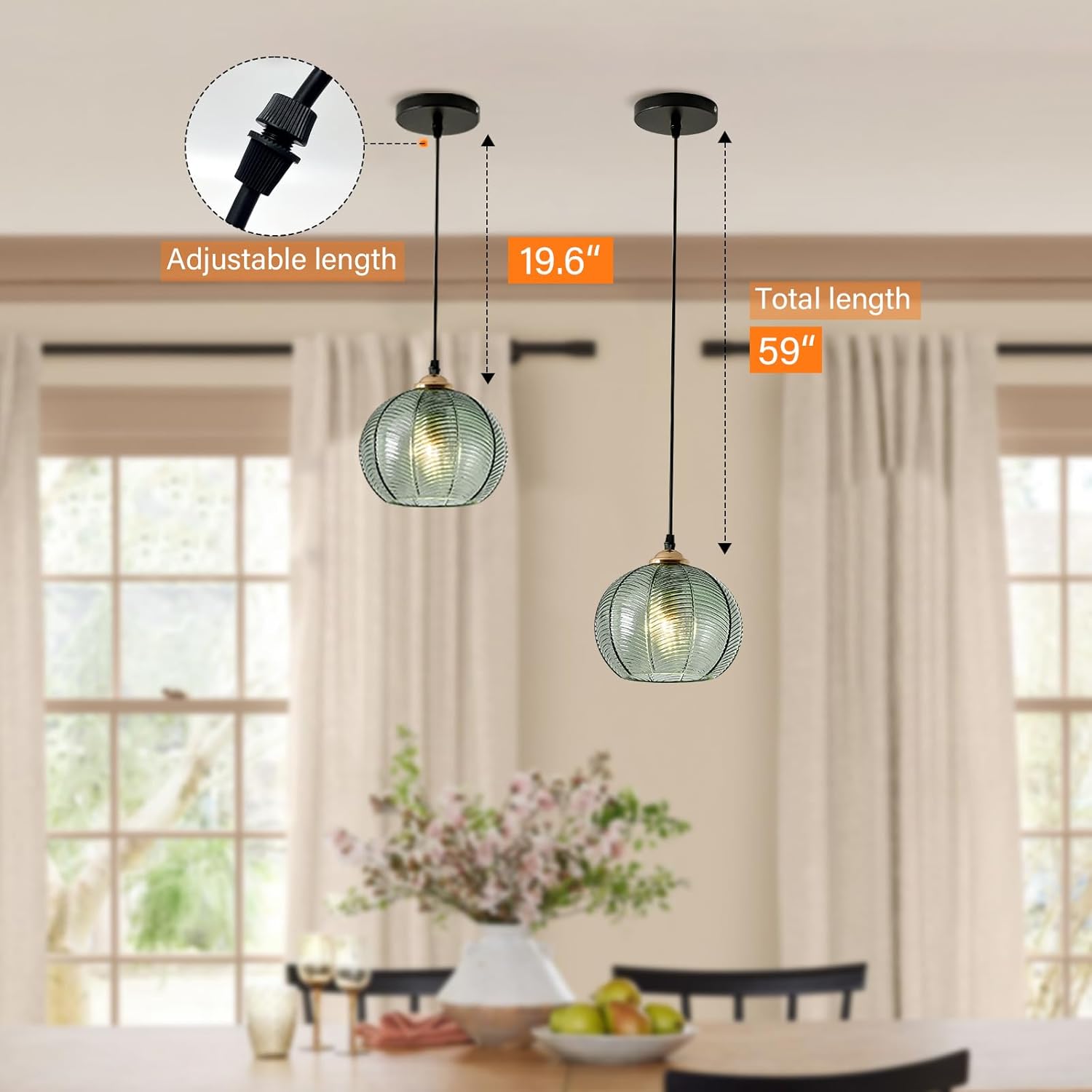 Green Pendant Light 7.8" Glass Globe Pendant Lighting Vintage Pendant Light Kitchen Island Lights Ceiling Hanging Ribbed Glass Chandelier Light Fixture for Dining Room Living Room Bedroom