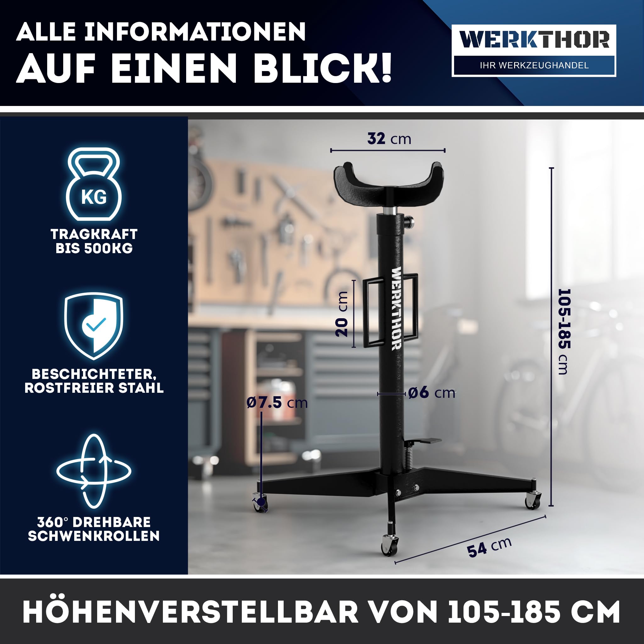 WERKTHOR Getriebeheber 500kg hydraulisch & verstellbar 105-185 cm – Motorheber Faulenzer für Werkstatt – Getriebeheber kfz rollbar mit 4 Lenkrollen & Fußpedal – Auto Heber Schwarz