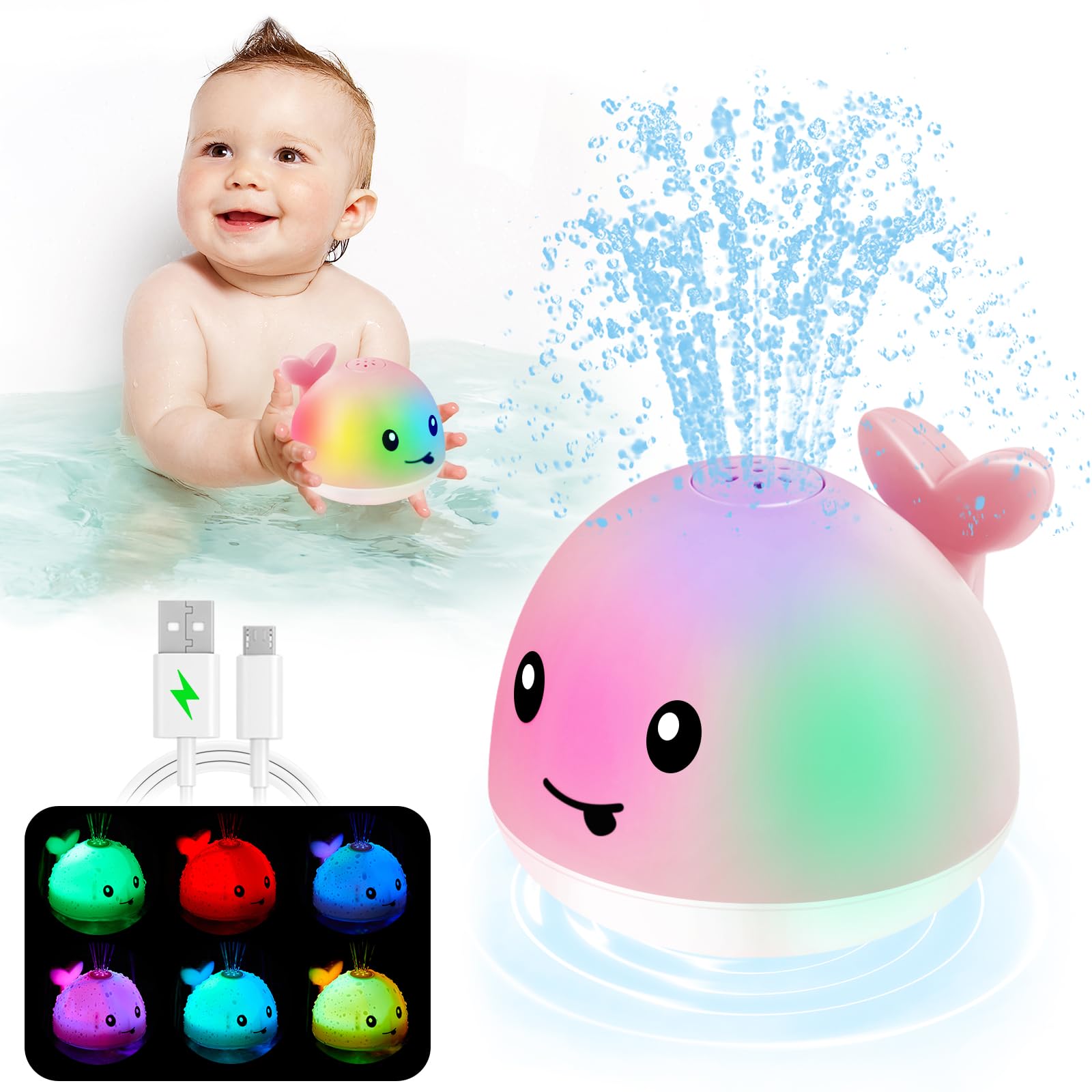 Baby Girl Bath Toys, Toddler Bath Toys for Kids Ages 1-3, Light Up Whale Bath Toy Sprinkler, Pool Water Table Infant Baby Toy 6-12-18 Months Bathtub Fountain Toy Girls 1st Birthday 1 2 3 Gifts