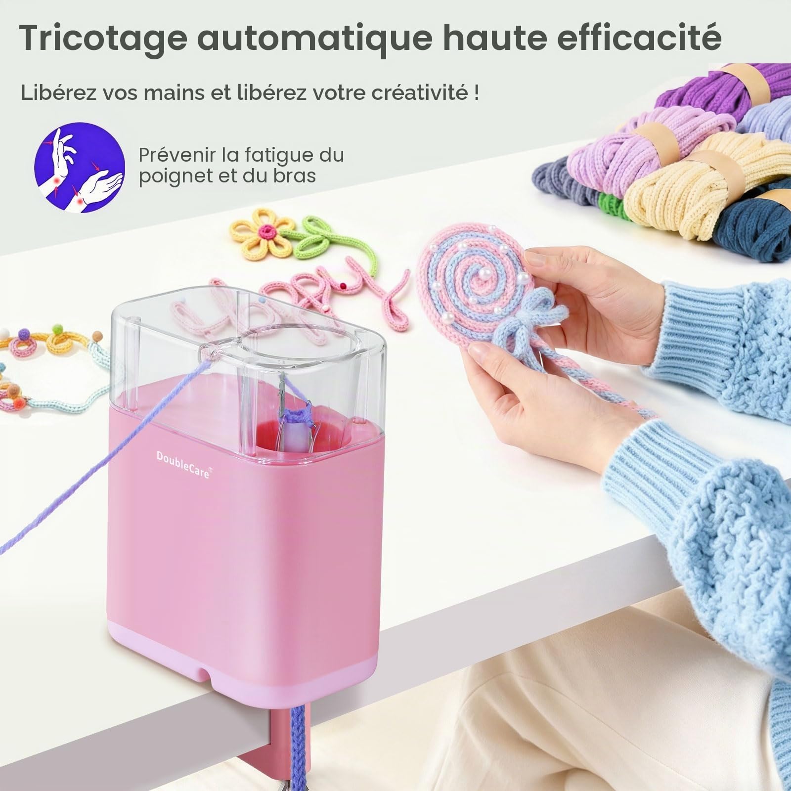 DoubleCare Machine à Tricoter Française, Machine à Tricoter Automatique iCord Électrique, Avec 2 Bobines de Fil et 1 Rouleau de Fil de Fer de 2 m, Pour Projets de Bricolage DIY Rapides, Rose