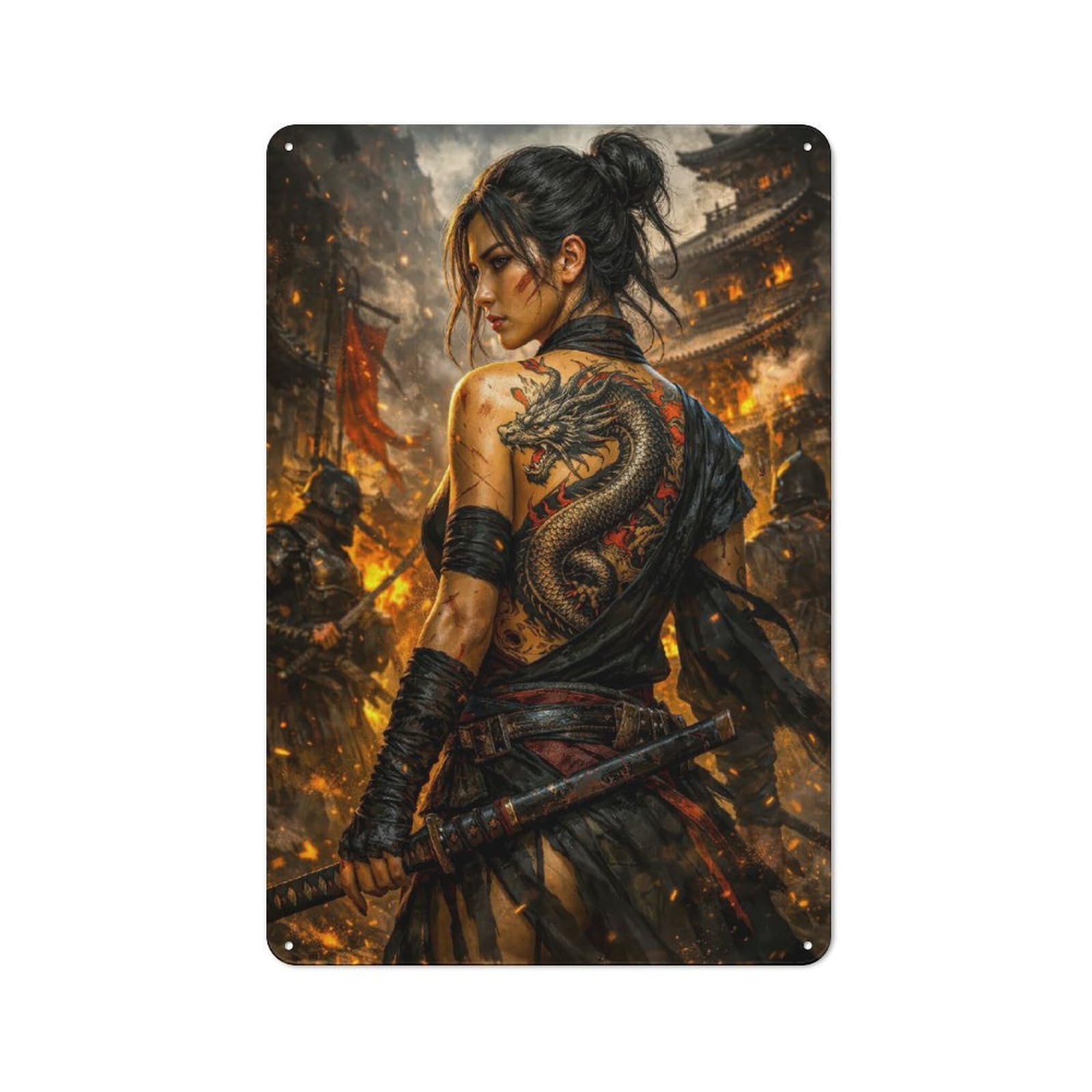 Rustic Warrior Woman with Dragon Tattoo Rustic Tin Sign 30x20cm, Porch Wall Decor for Greenhouse, Garden Room, Cafe Or Entryway