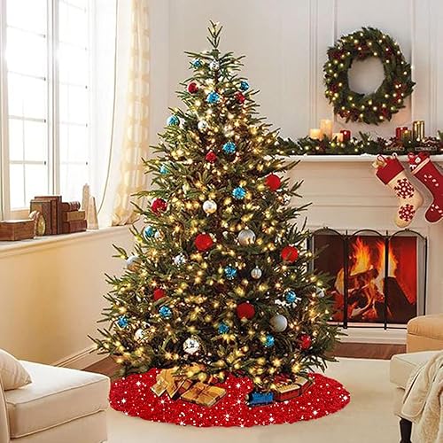 Miniatura 4 de Falda roja para árbol de Navidad de 21 pulgadas, cubierta de falda de árbol de lentejuelas de Navidad, tapete clásico de terciopelo para árboles de