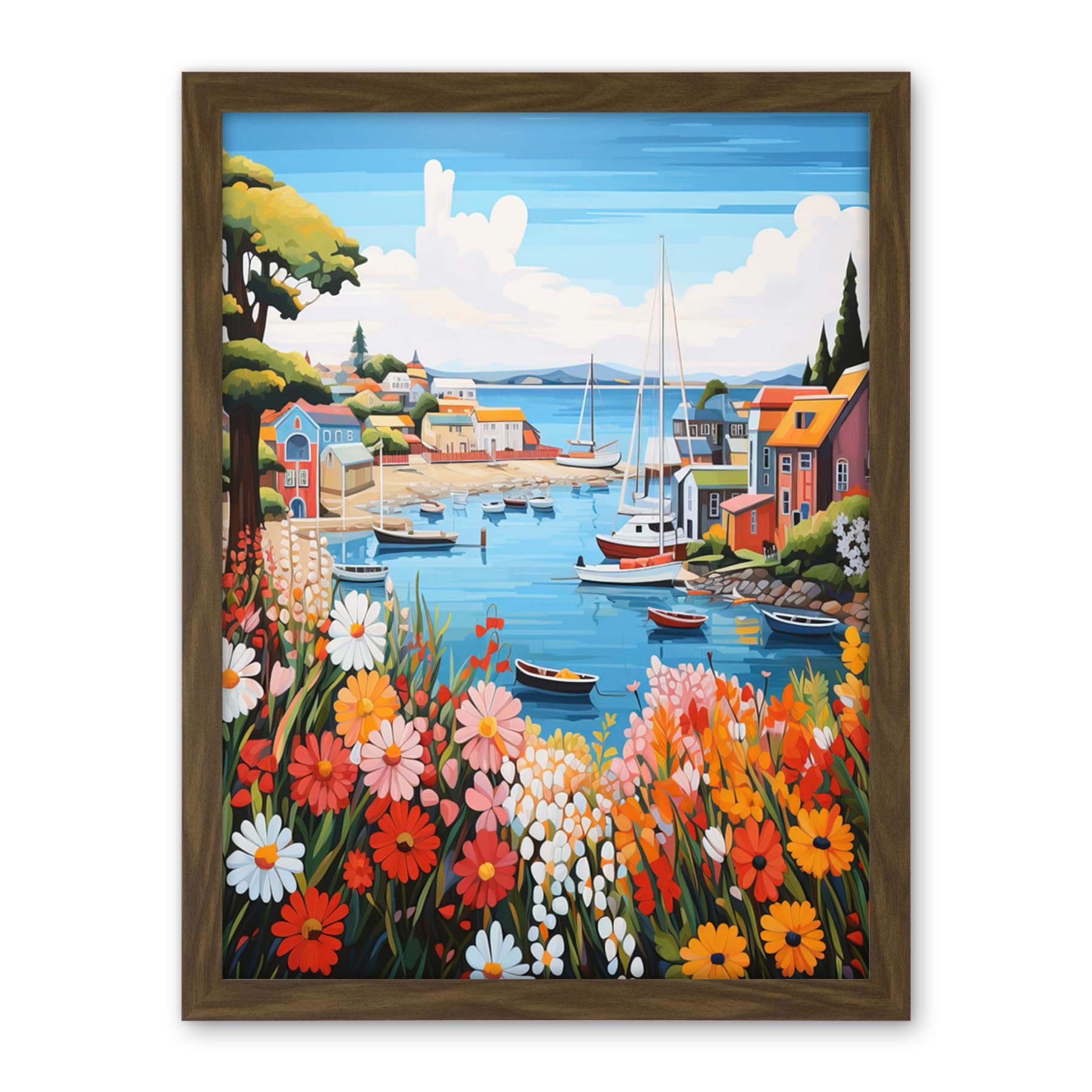 Artery8 Idyllic Scenic Seaside Fishing Village Bright Oil Painting Orange Pink Blue Bathroom Floral Artwork Harbor Bay Boats Coastal Landscape Artwork Framed Wall Art Print 18X24 Inch