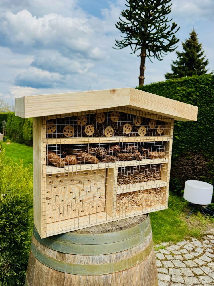 Hotel de insectos de madera XL abejas silvestres ayuda para anidar I Casa de insectos con jardinera de madera y soporte 76 x 56 x 18 cm (alto x ancho x profundidad), resistente a la intemperie