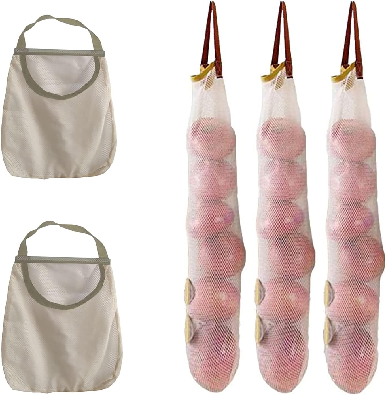 Hanging Mesh Storage Bags For Vegetables,Potatoes,Onions,Garlics,Long and Large Reusable Net Storage Tote Bags for Fruit Veggies Green Pepper or Garbage Bag Pack of 5 (Beige2)