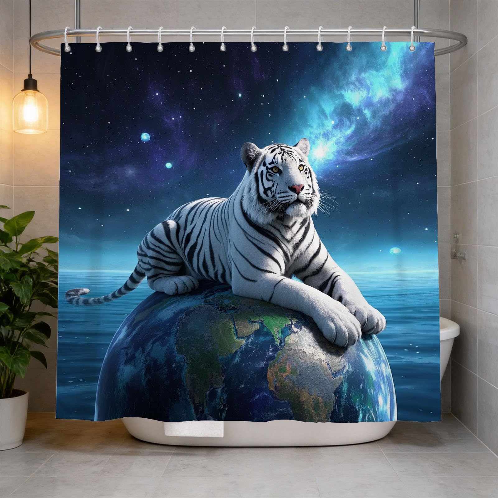 Hongduo 3D Tiger Shower Curtain for Stalls Bathtubs Universe Bathroom Decor Shower Curtain Set Polyester Fabric Waterproof 200x200cm/79X79 Inch with Hooks